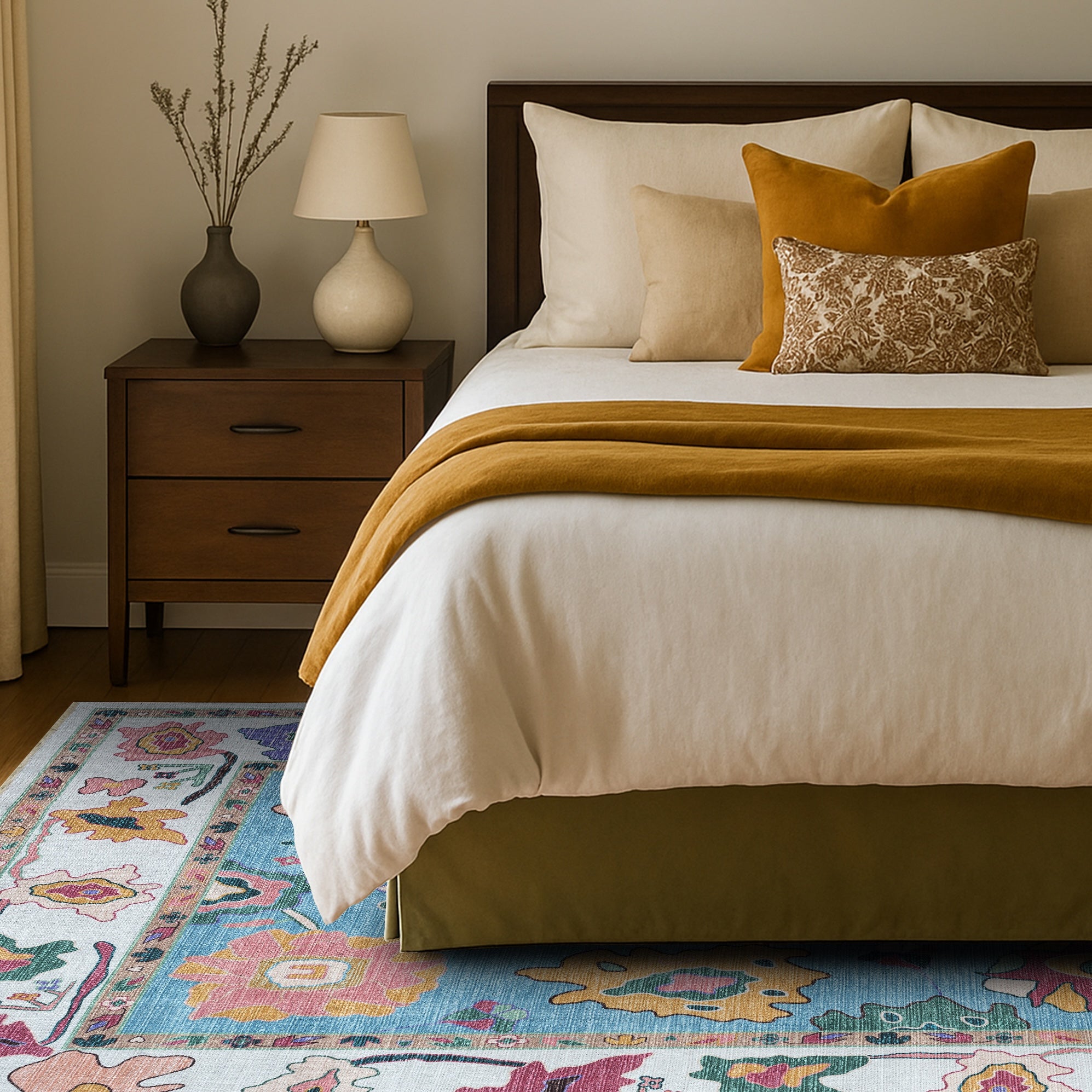 Farhana Green Colorful Floral Modern Oushak Rug