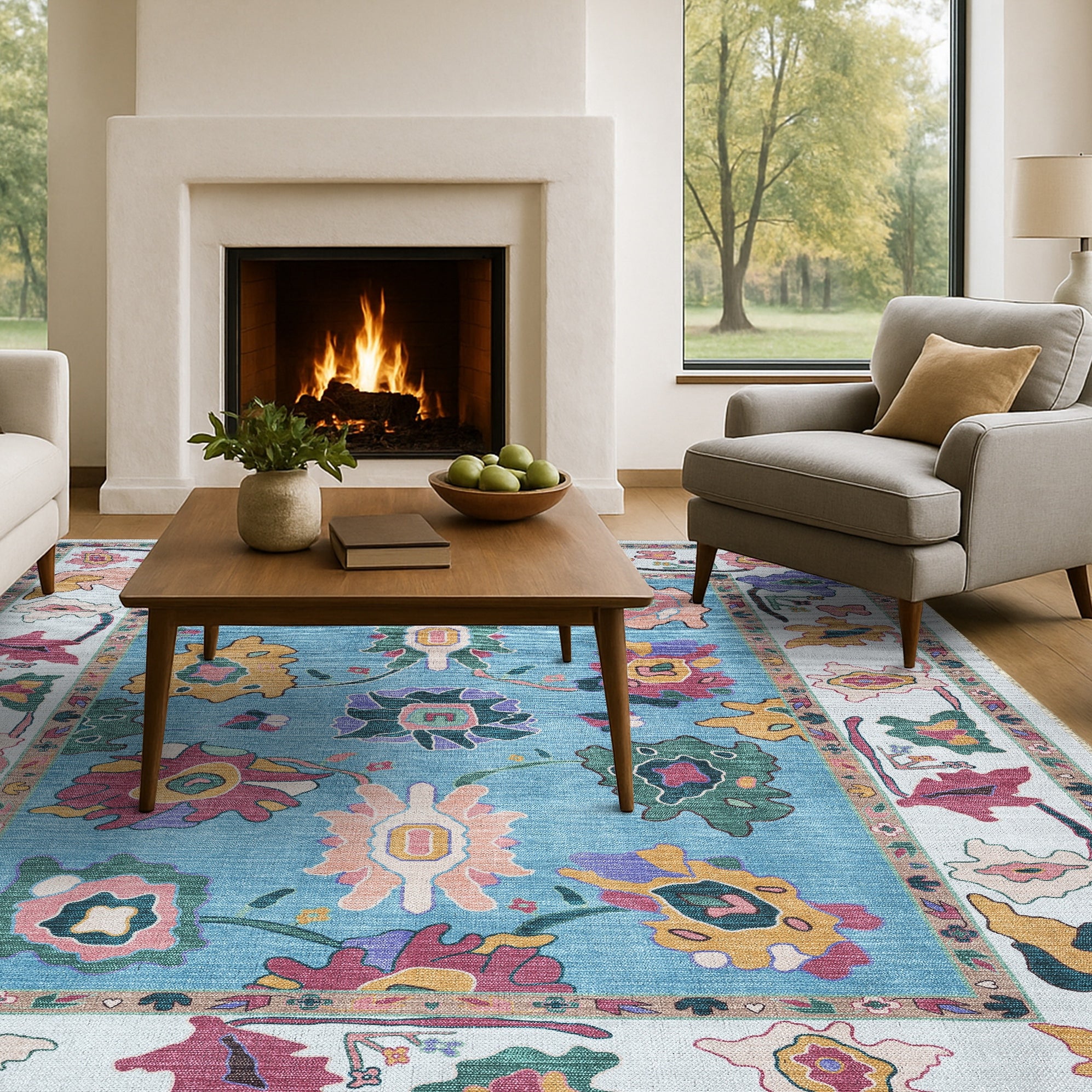 Farhana Green Colorful Floral Modern Oushak Rug