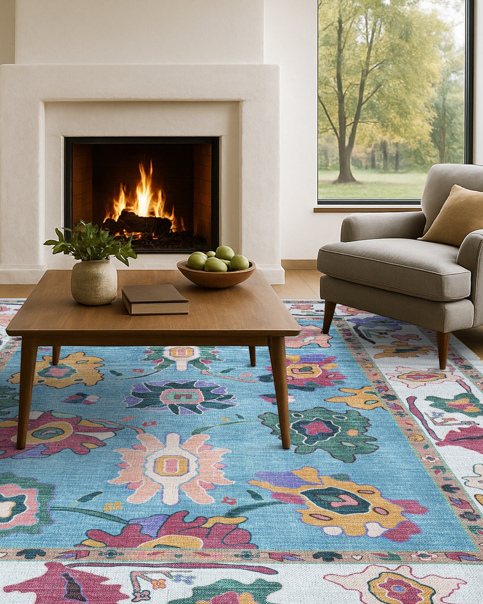 Farhana Green Colorful Floral Modern Oushak Rug