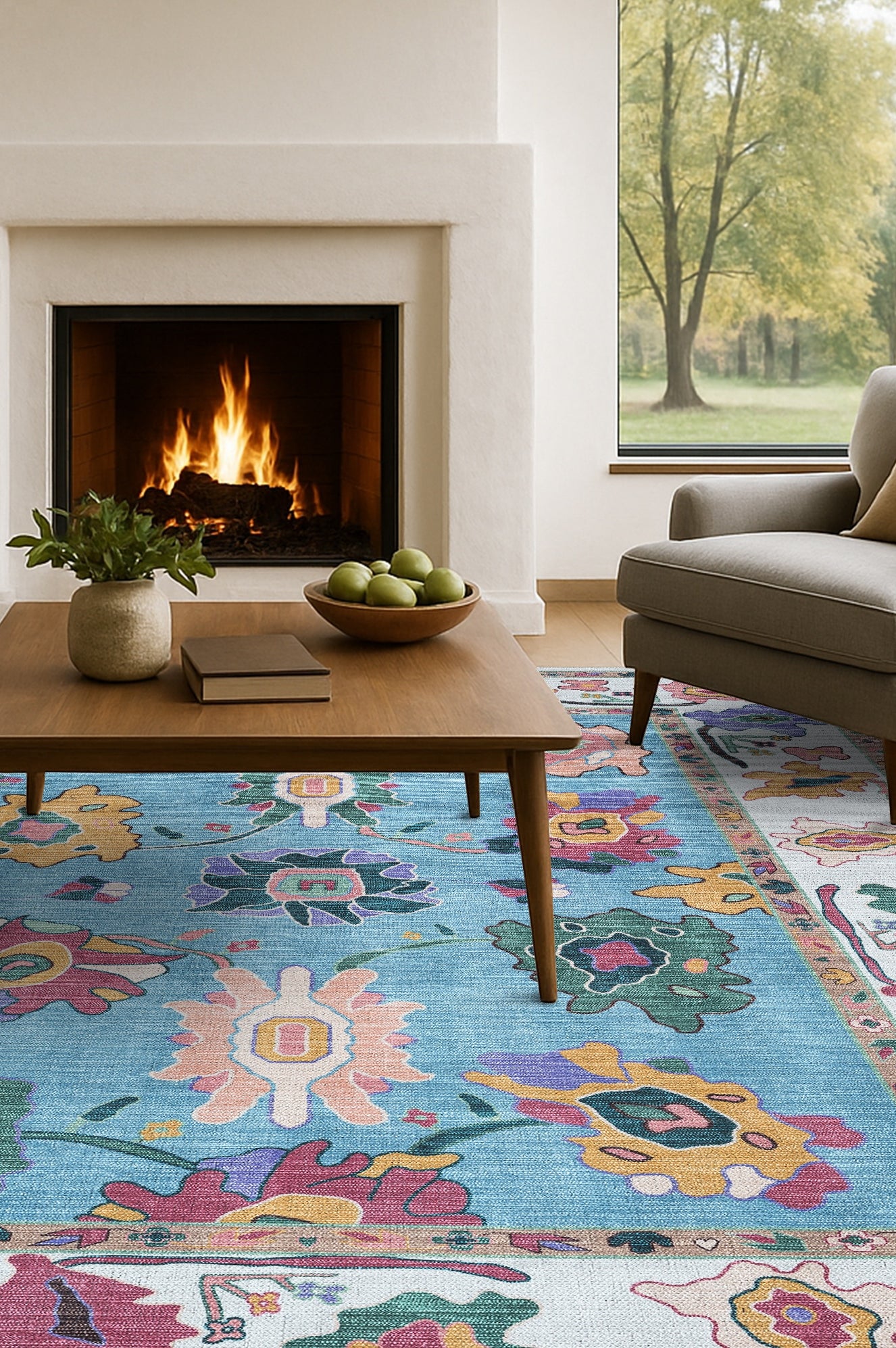 Farhana Green Colorful Floral Modern Oushak Rug