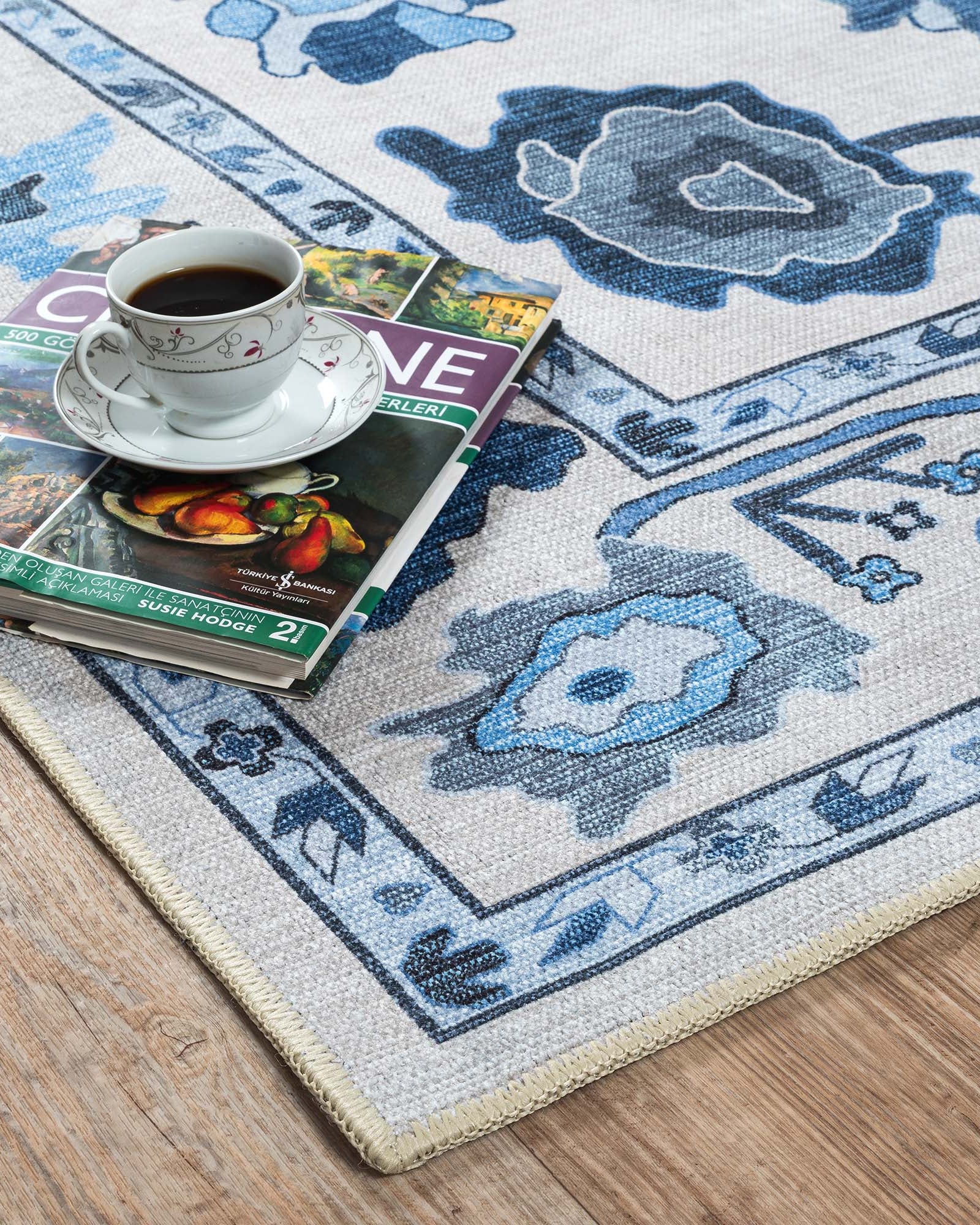 Ellis Navy Blue White Modern Floral Oushak Rug