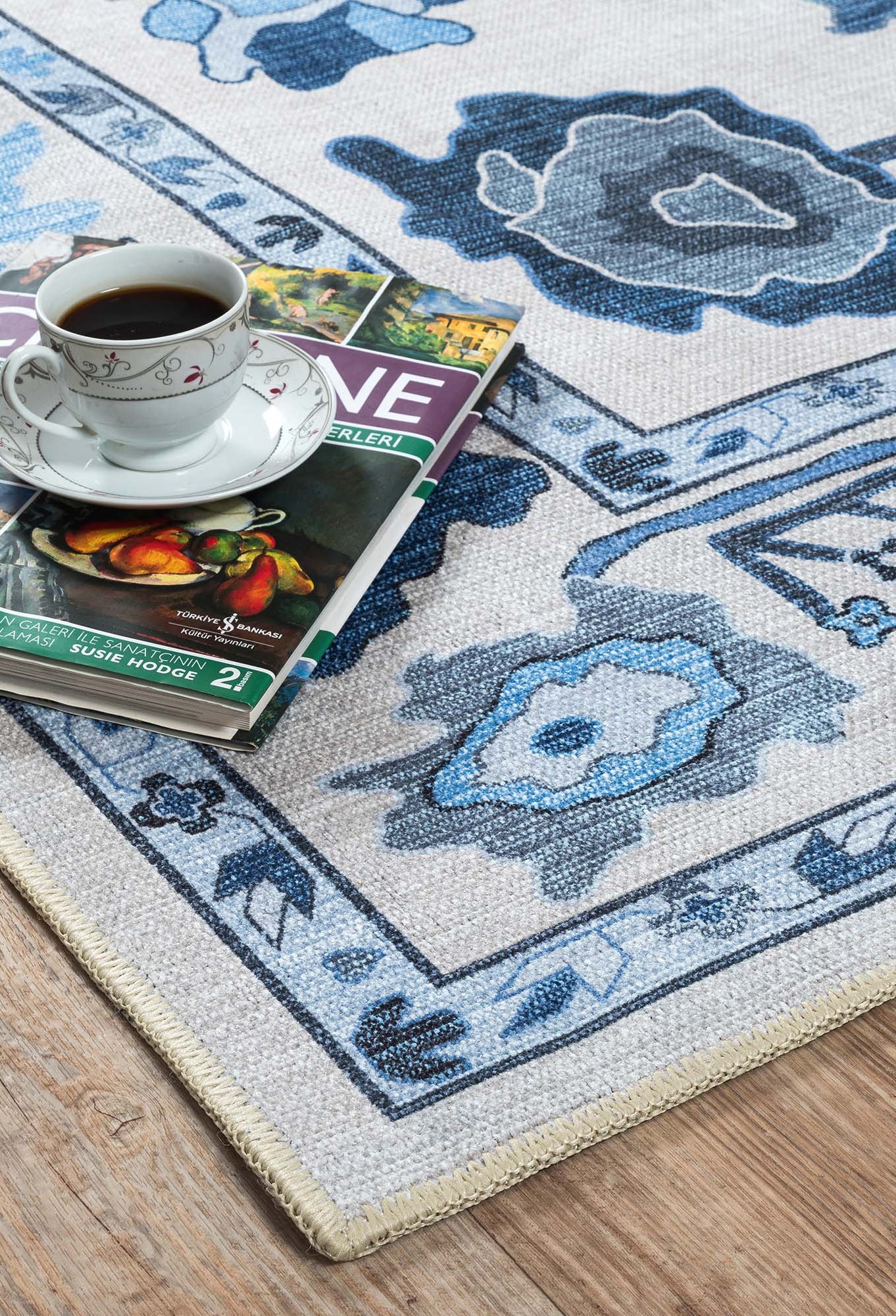 Ellis Navy Blue White Modern Floral Oushak Rug