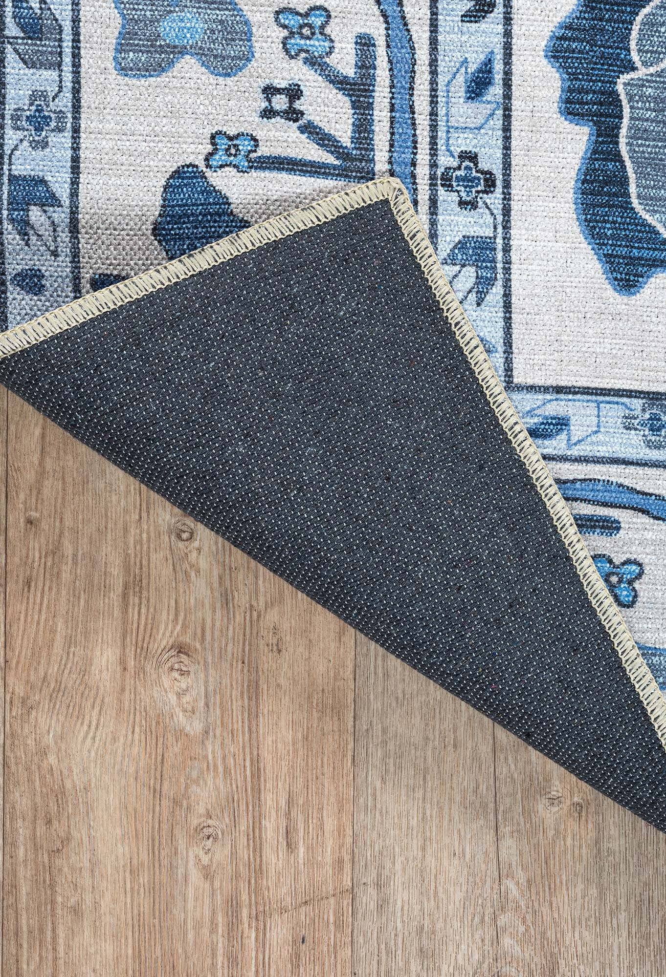 Ellis Navy Blue White Modern Floral Oushak Rug