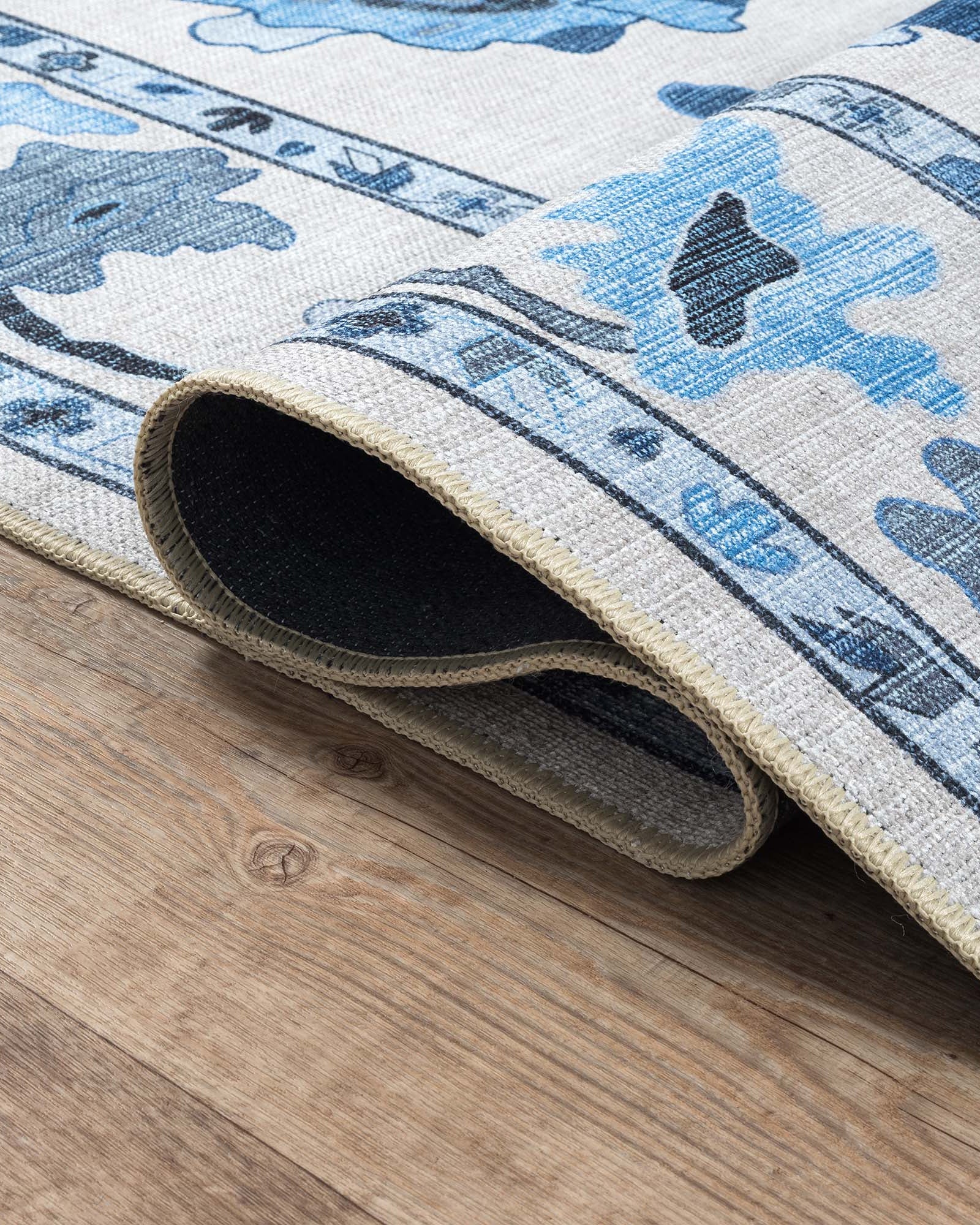 Ellis Navy Blue White Modern Floral Oushak Rug