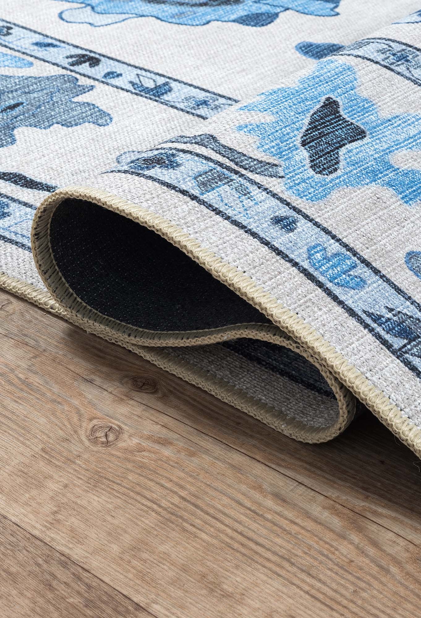 Ellis Navy Blue White Modern Floral Oushak Rug