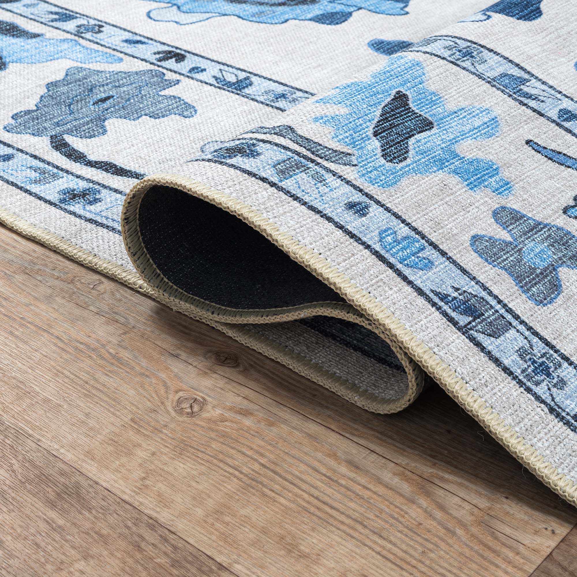 Ellis Navy Blue White Modern Floral Oushak Rug