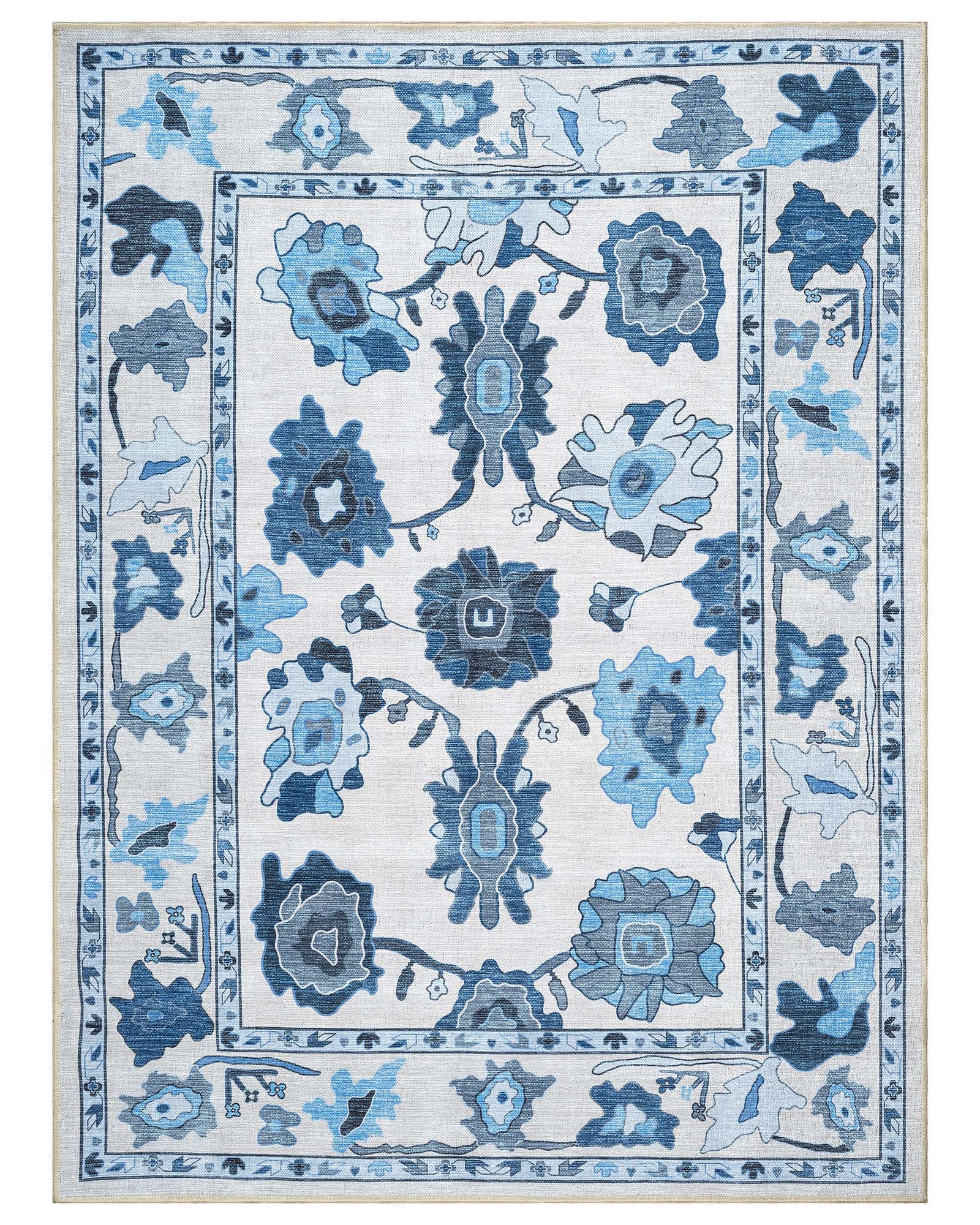 Ellis Navy Blue White Modern Floral Oushak Rug