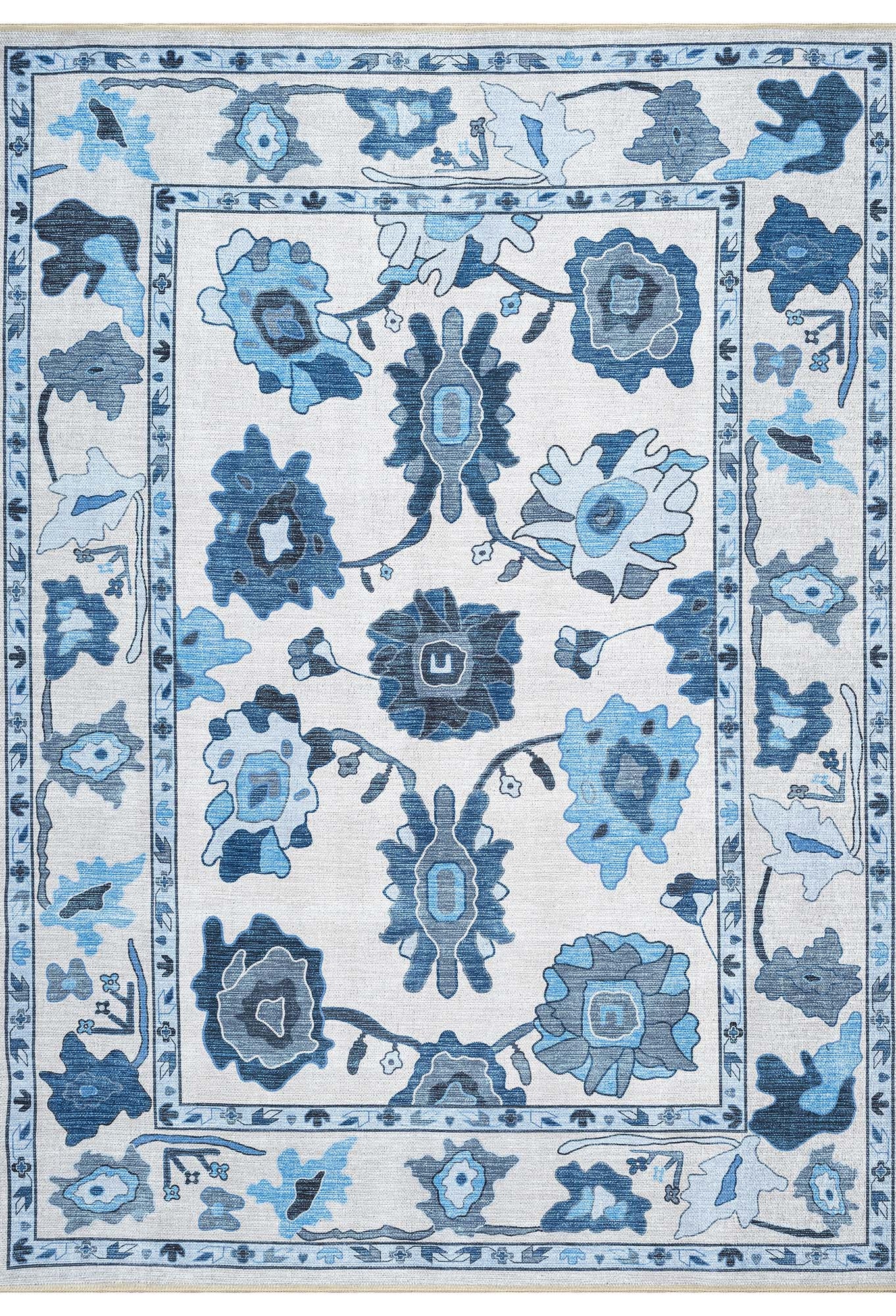 Ellis Navy Blue White Modern Floral Oushak Rug