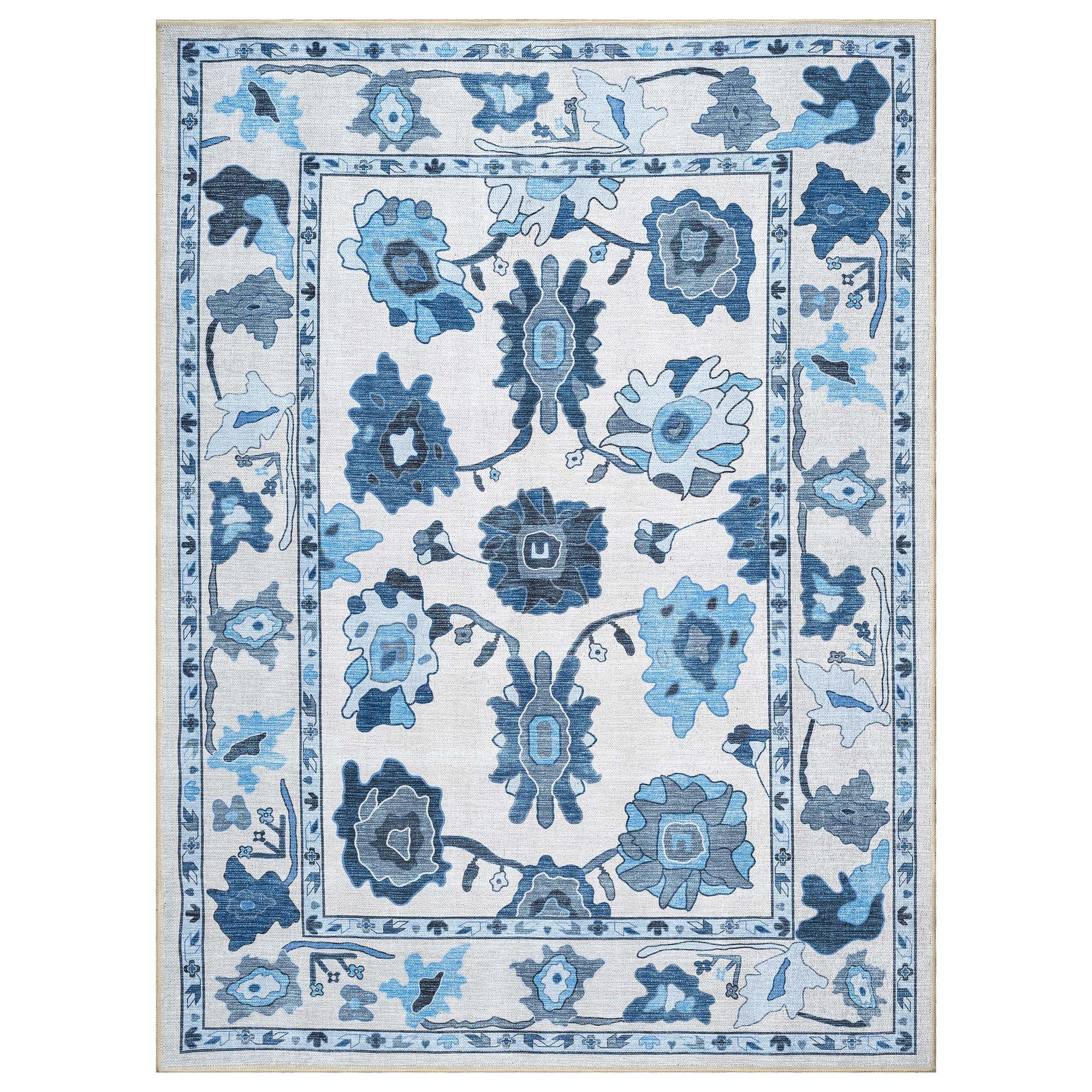 Ellis Navy Blue White Modern Floral Oushak Rug