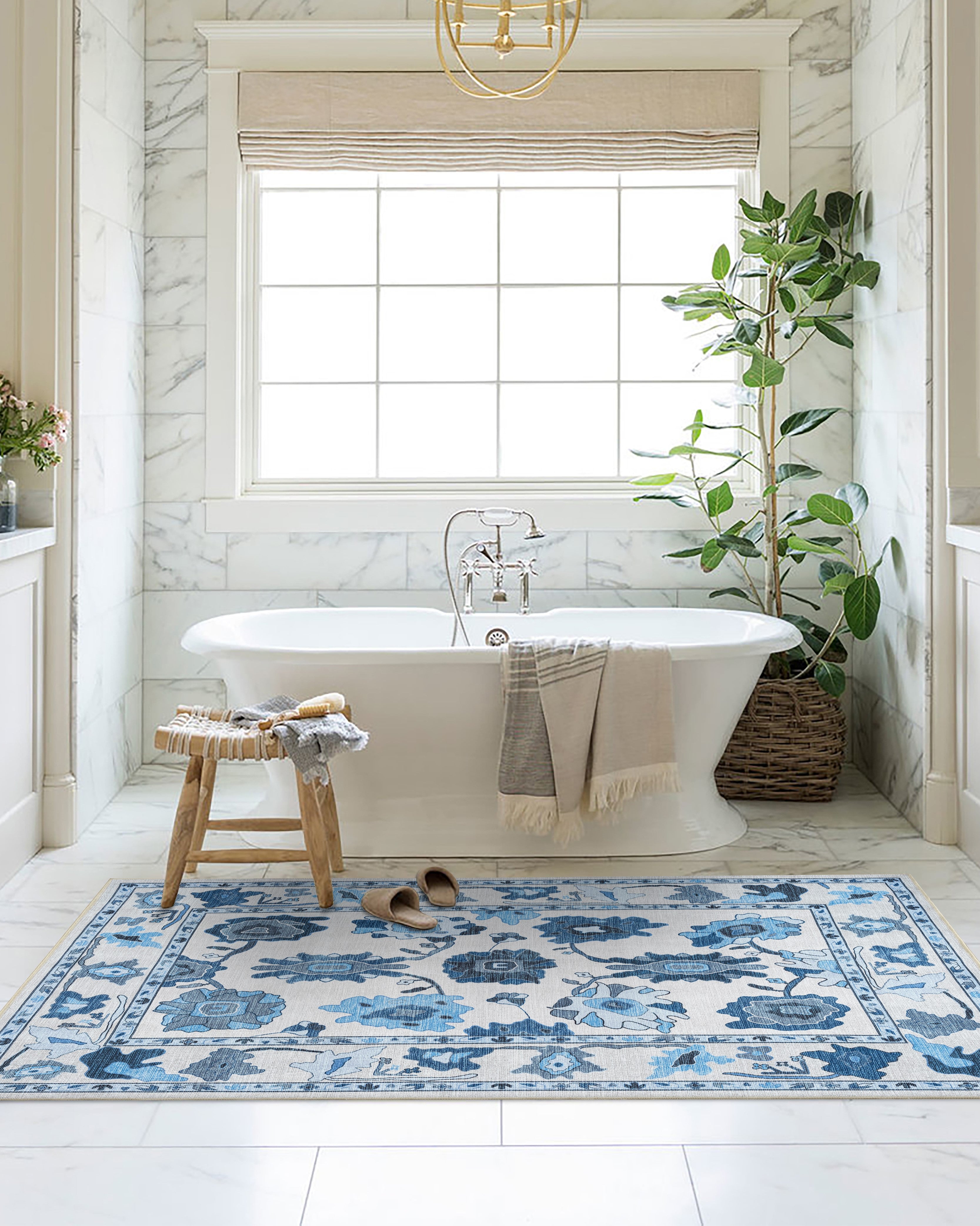 Ellis Navy Blue White Modern Floral Oushak Rug