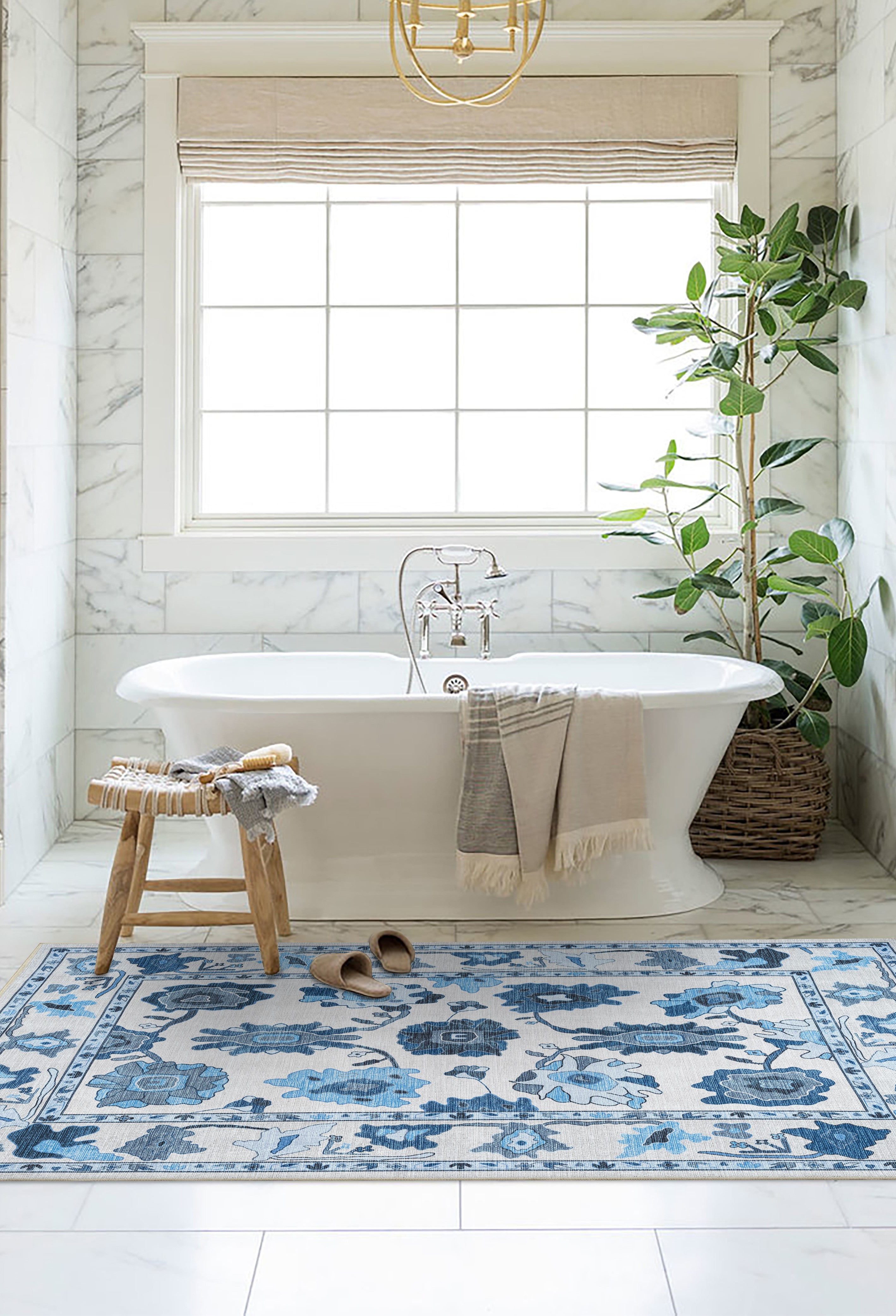 Ellis Navy Blue White Modern Floral Oushak Rug