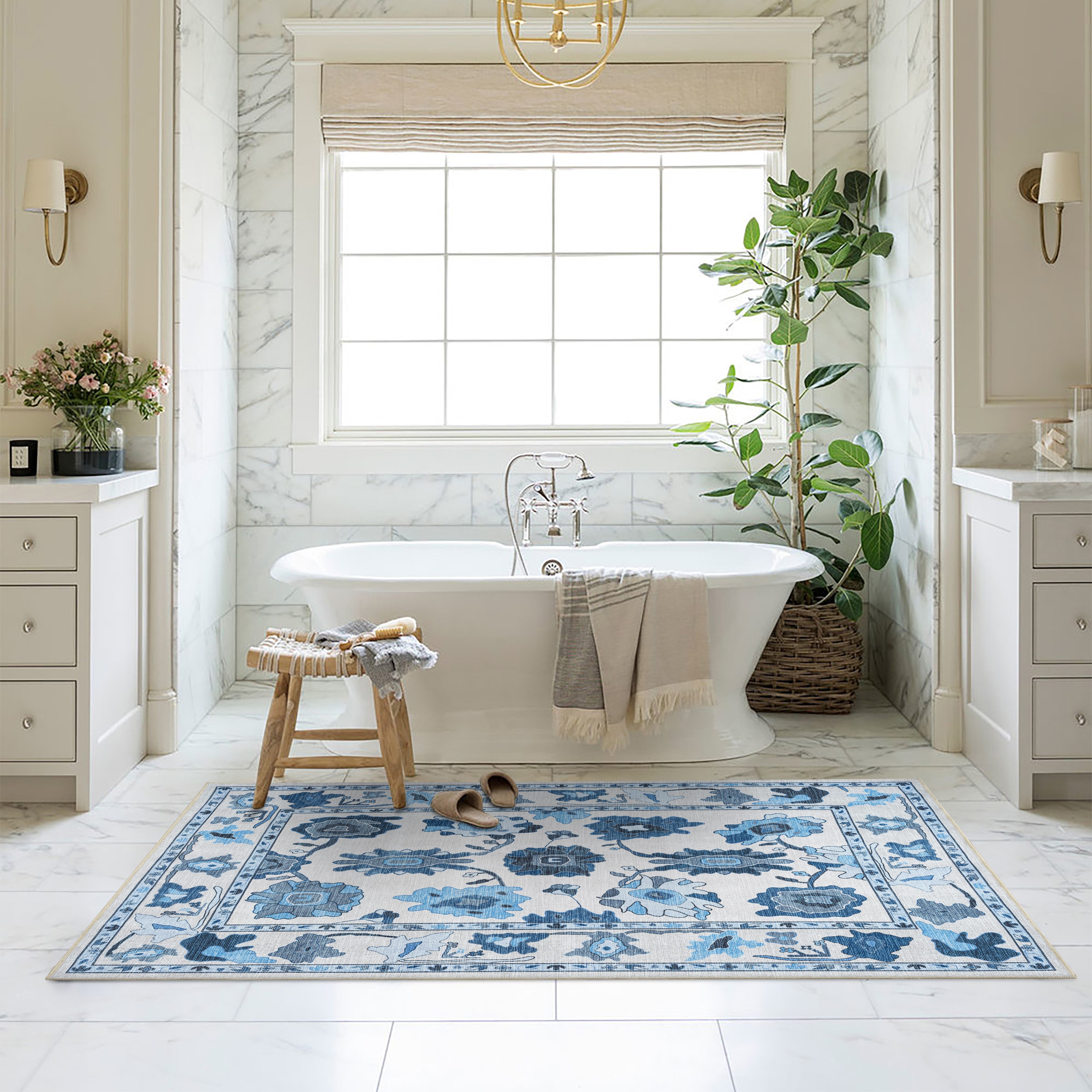 Ellis Navy Blue White Modern Floral Oushak Rug