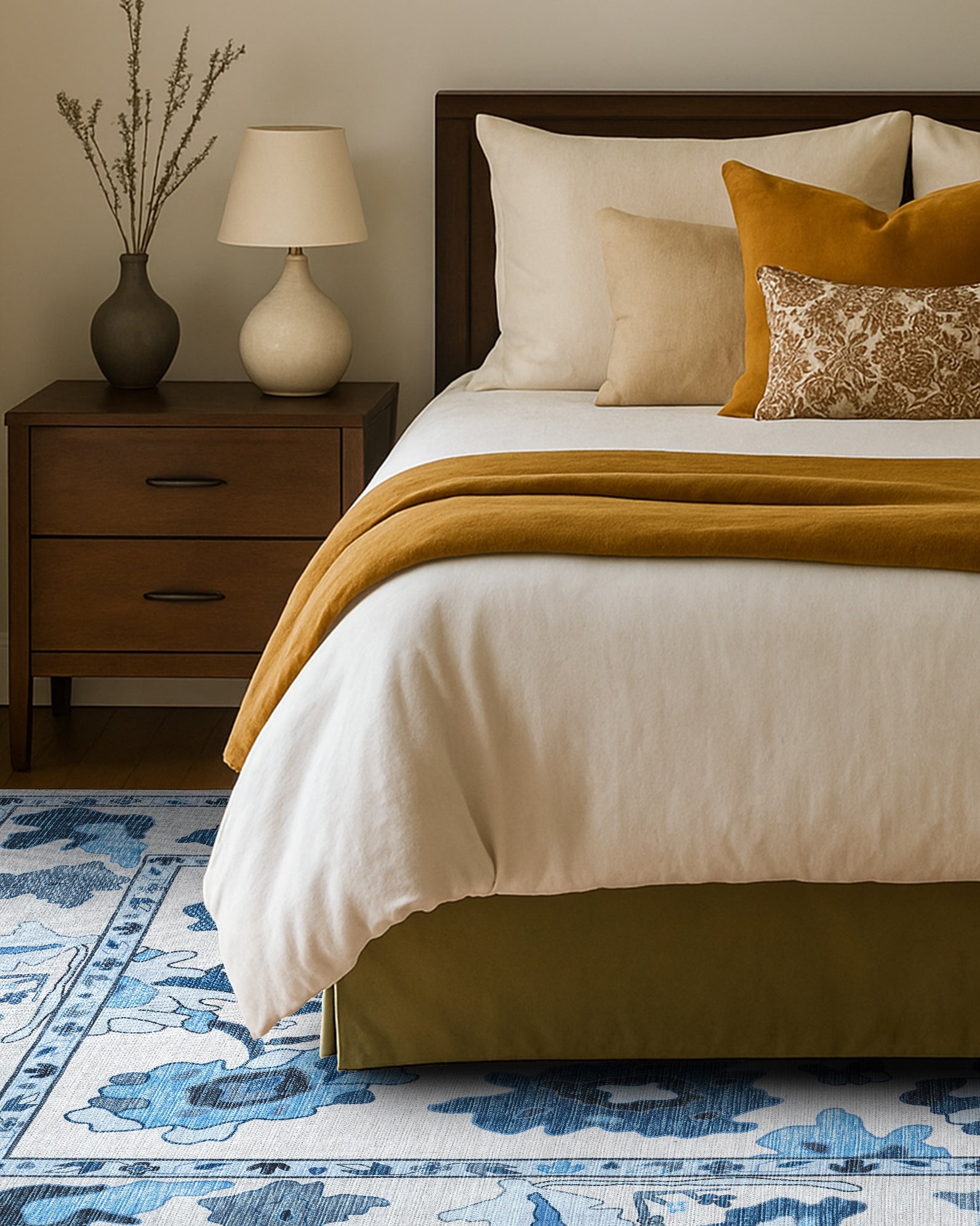 Ellis Navy Blue White Modern Floral Oushak Rug