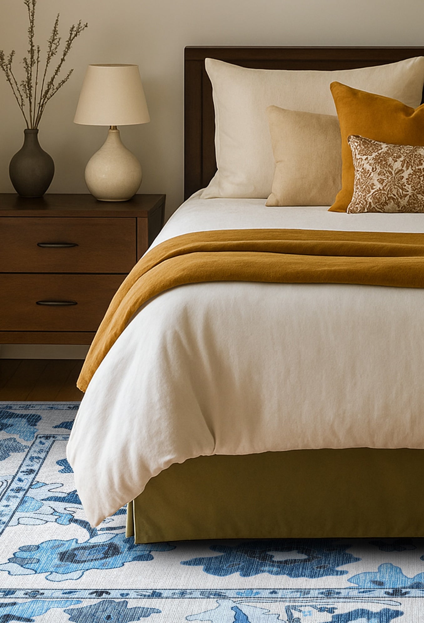 Ellis Navy Blue White Modern Floral Oushak Rug