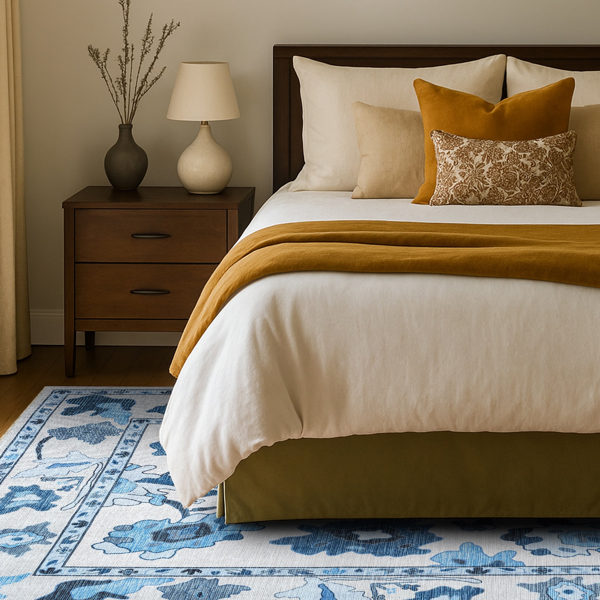 Ellis Navy Blue White Modern Floral Oushak Rug