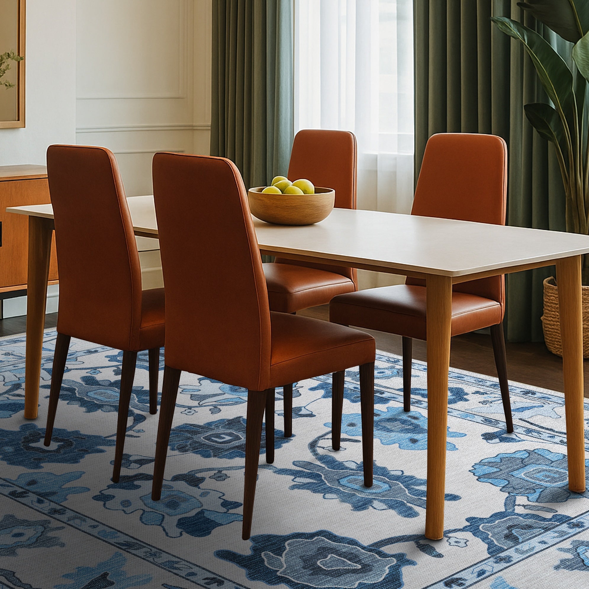 Ellis Navy Blue White Modern Floral Oushak Rug