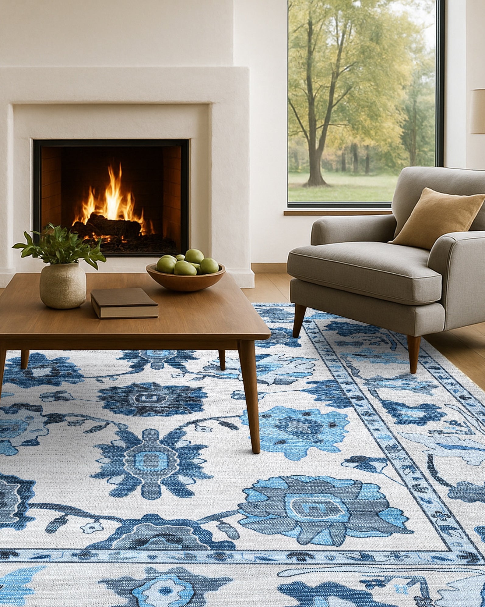 Ellis Navy Blue White Modern Floral Oushak Rug