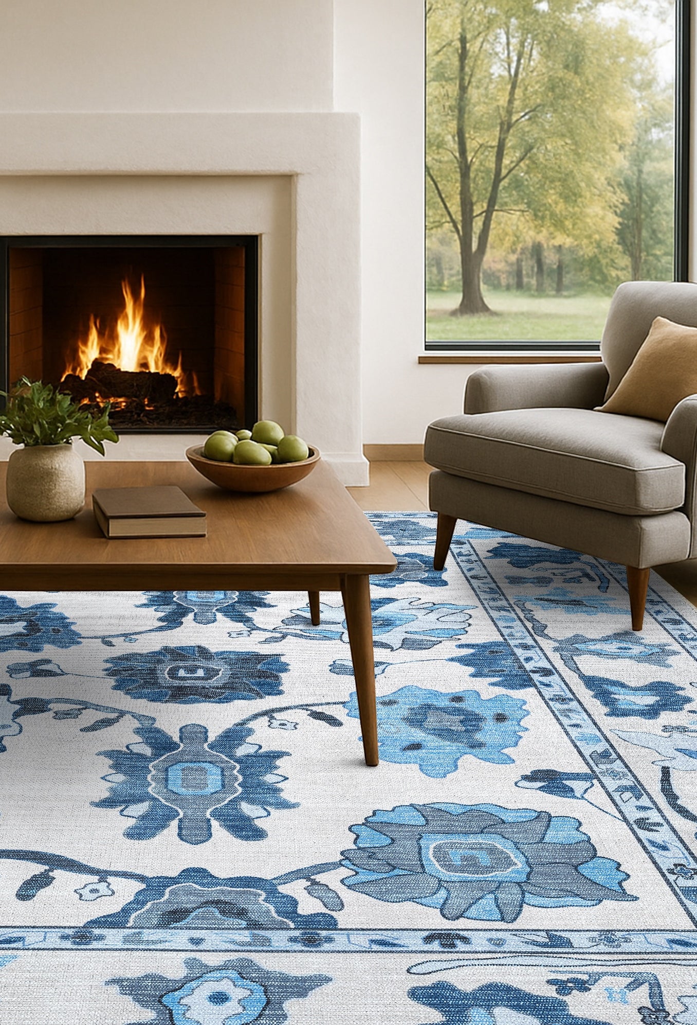 Ellis Navy Blue White Modern Floral Oushak Rug
