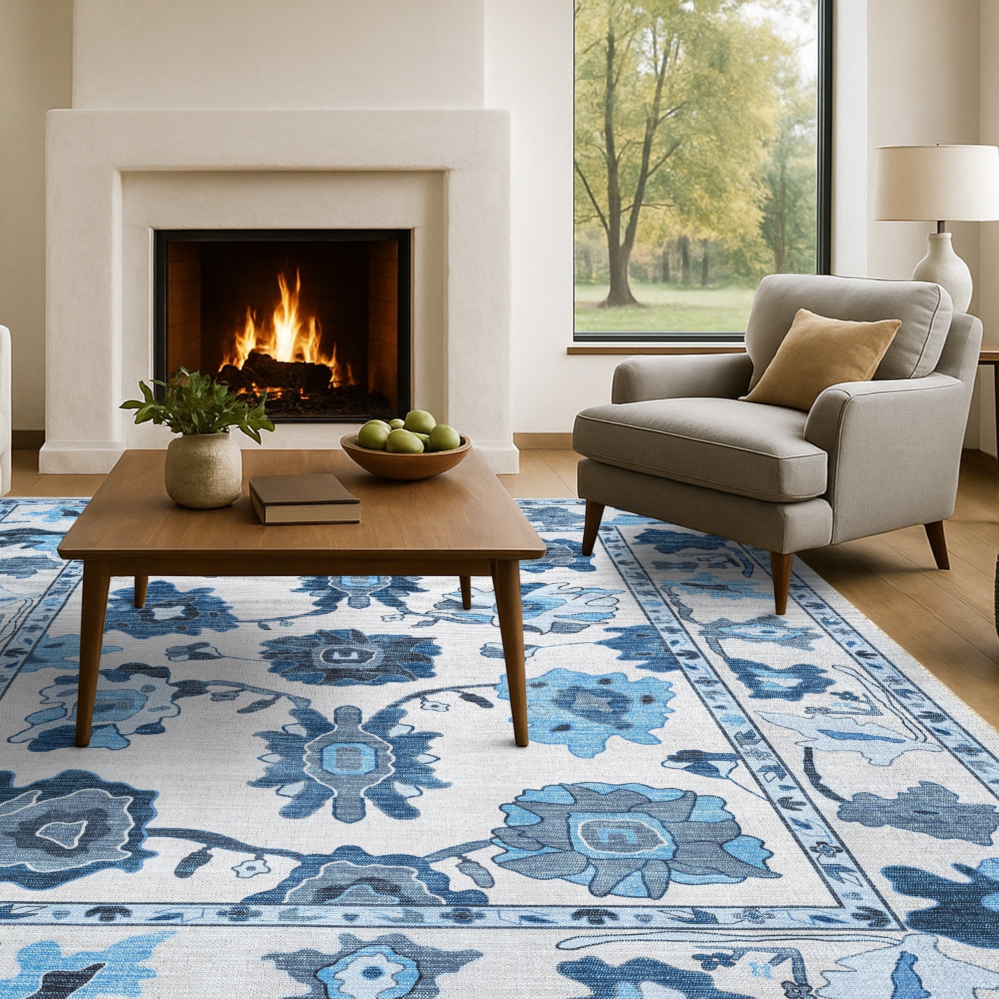 Ellis Navy Blue White Modern Floral Oushak Rug