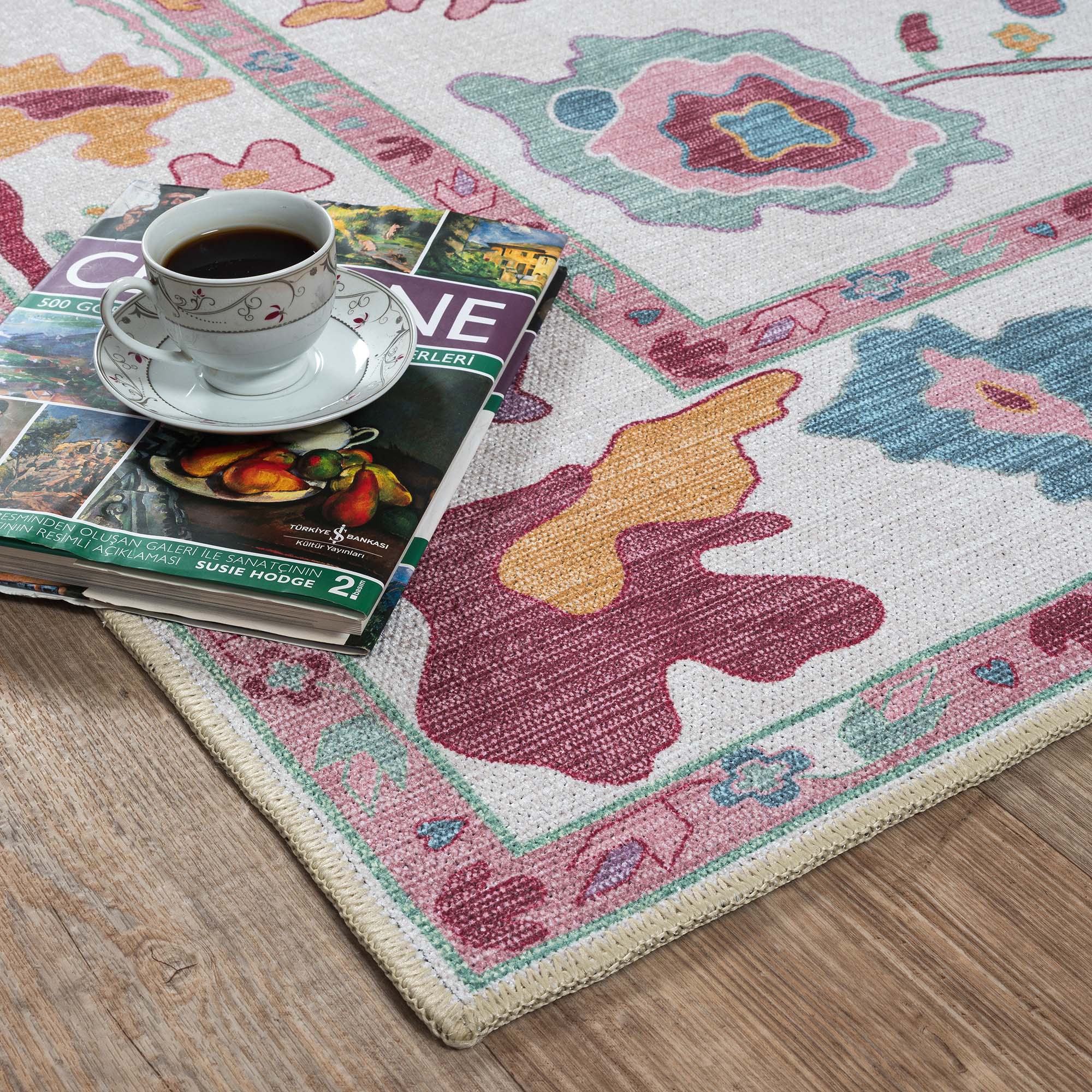 Florine Pastel Pink Orange Floral Oushak Rug