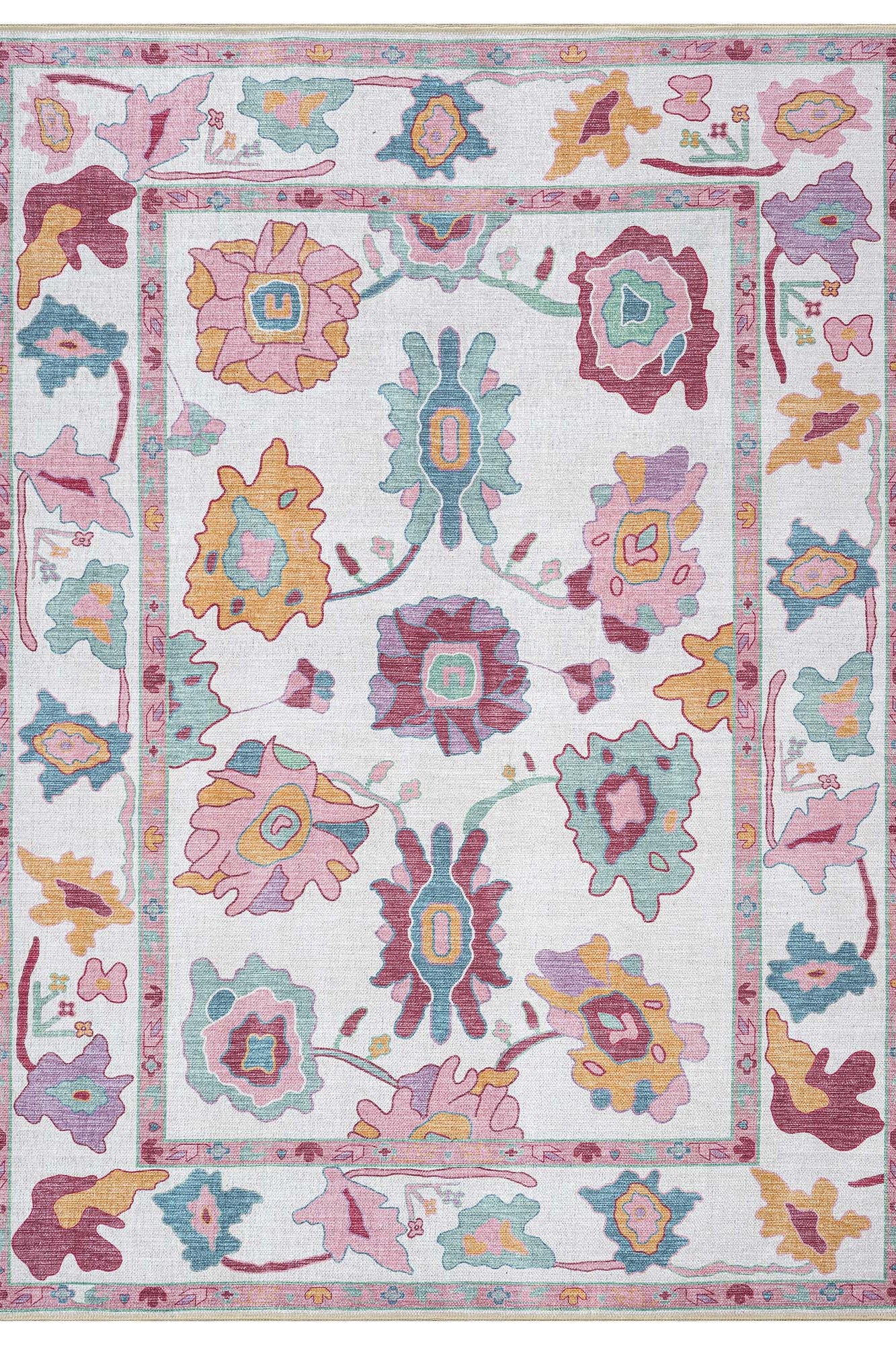 Florine Pastel Pink Orange Floral Oushak Rug