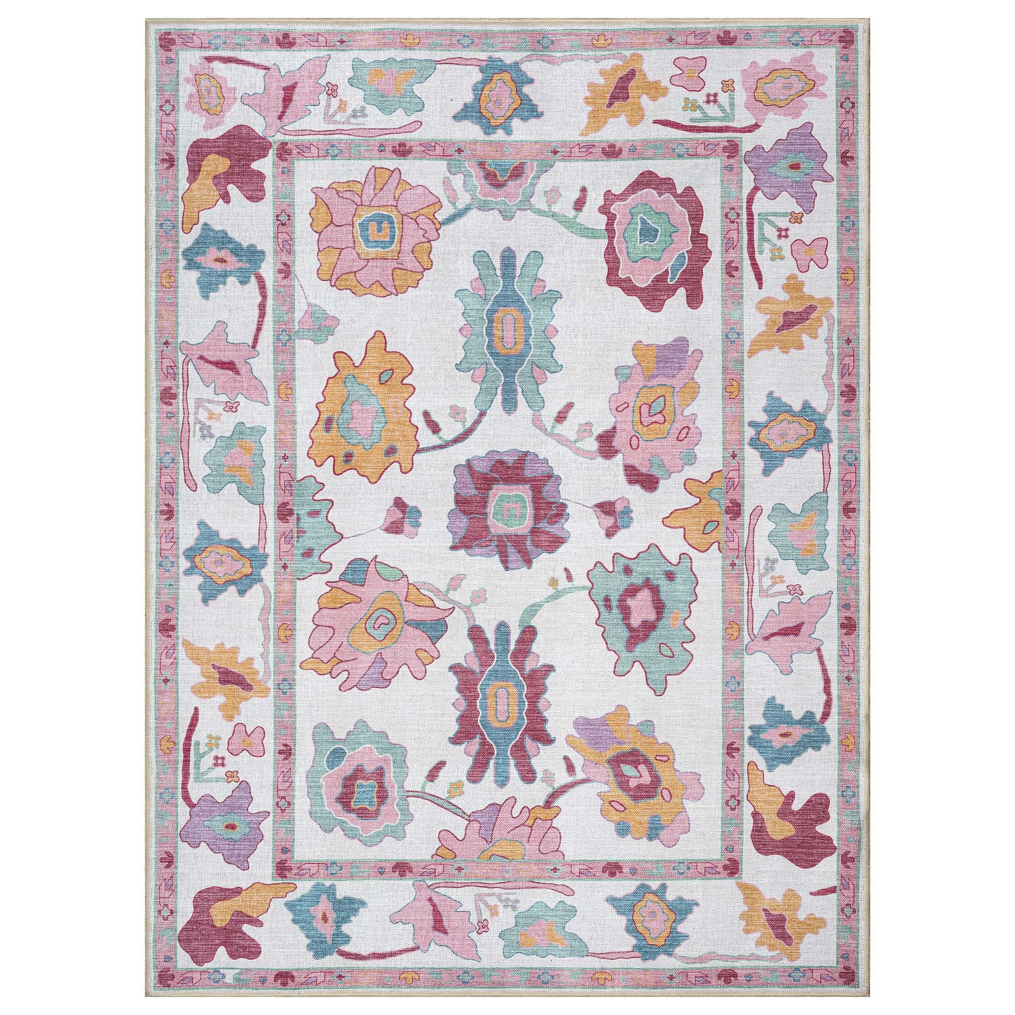 Florine Pastel Pink Orange Floral Oushak Rug