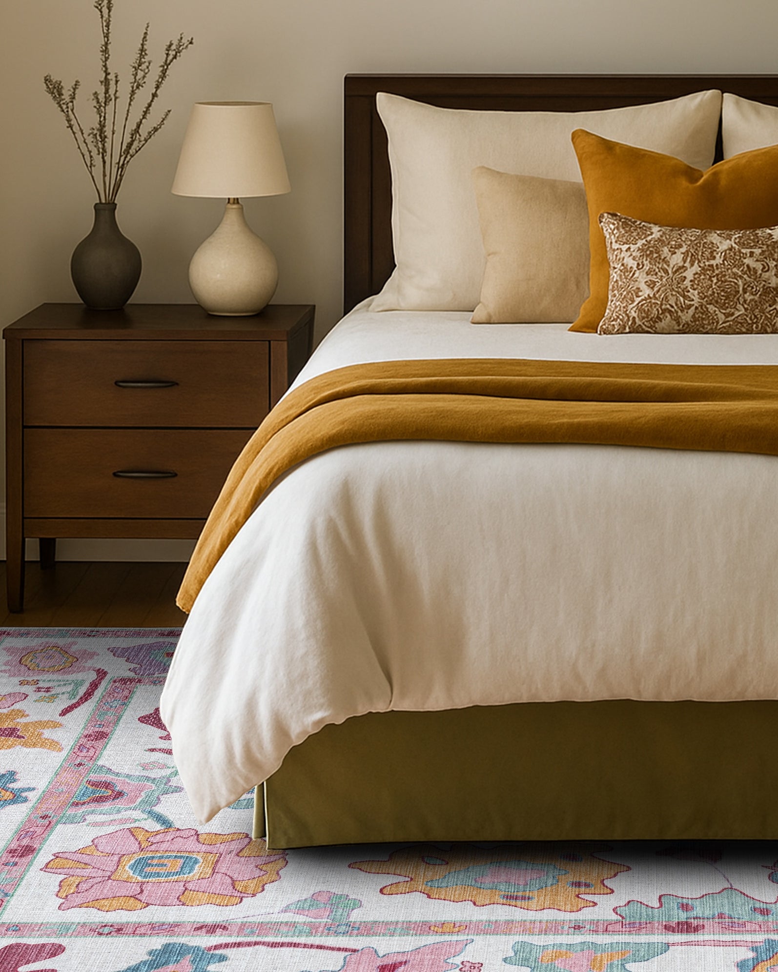 Florine Pastel Pink Orange Floral Oushak Rug