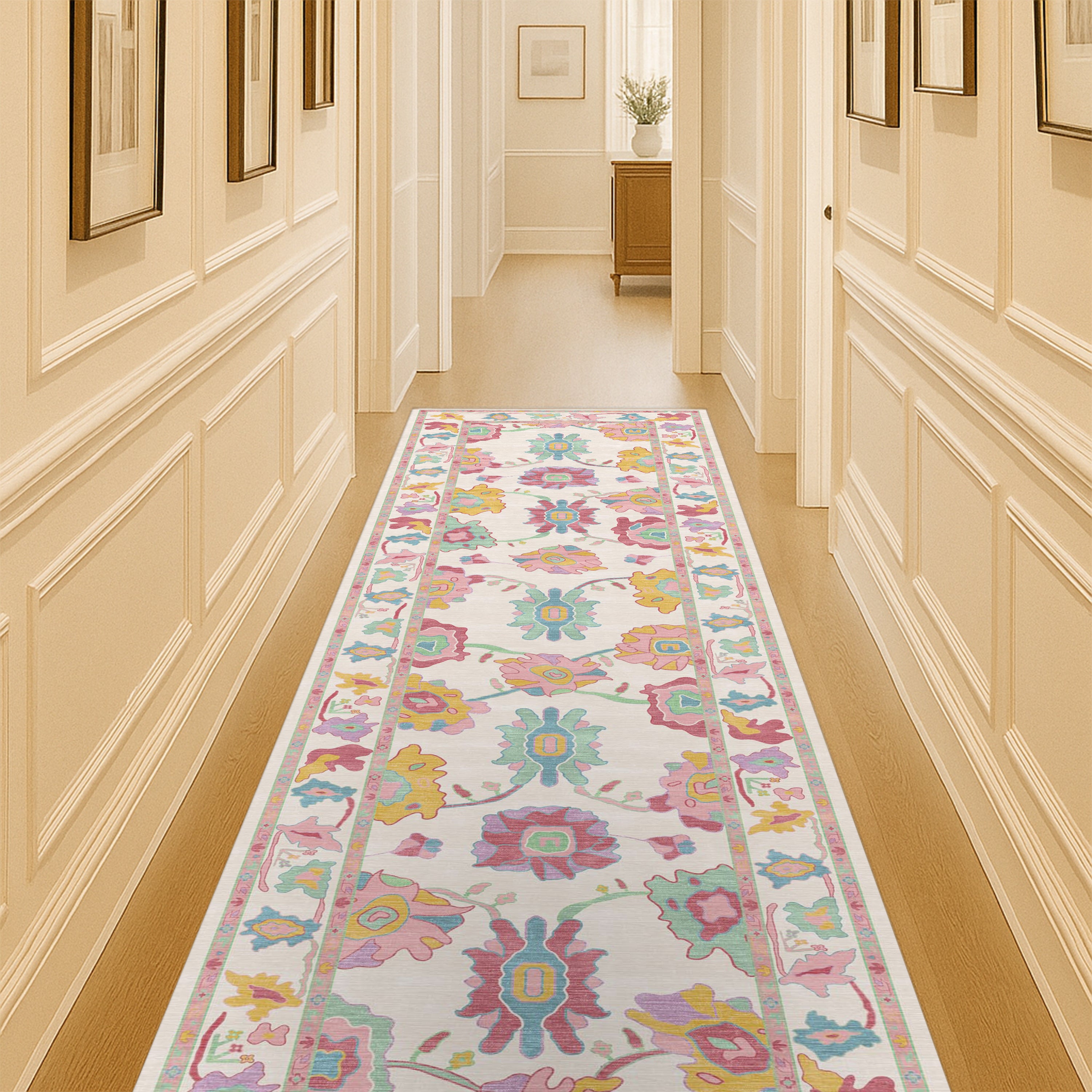 Florine Pastel Pink Orange Floral Oushak Rug