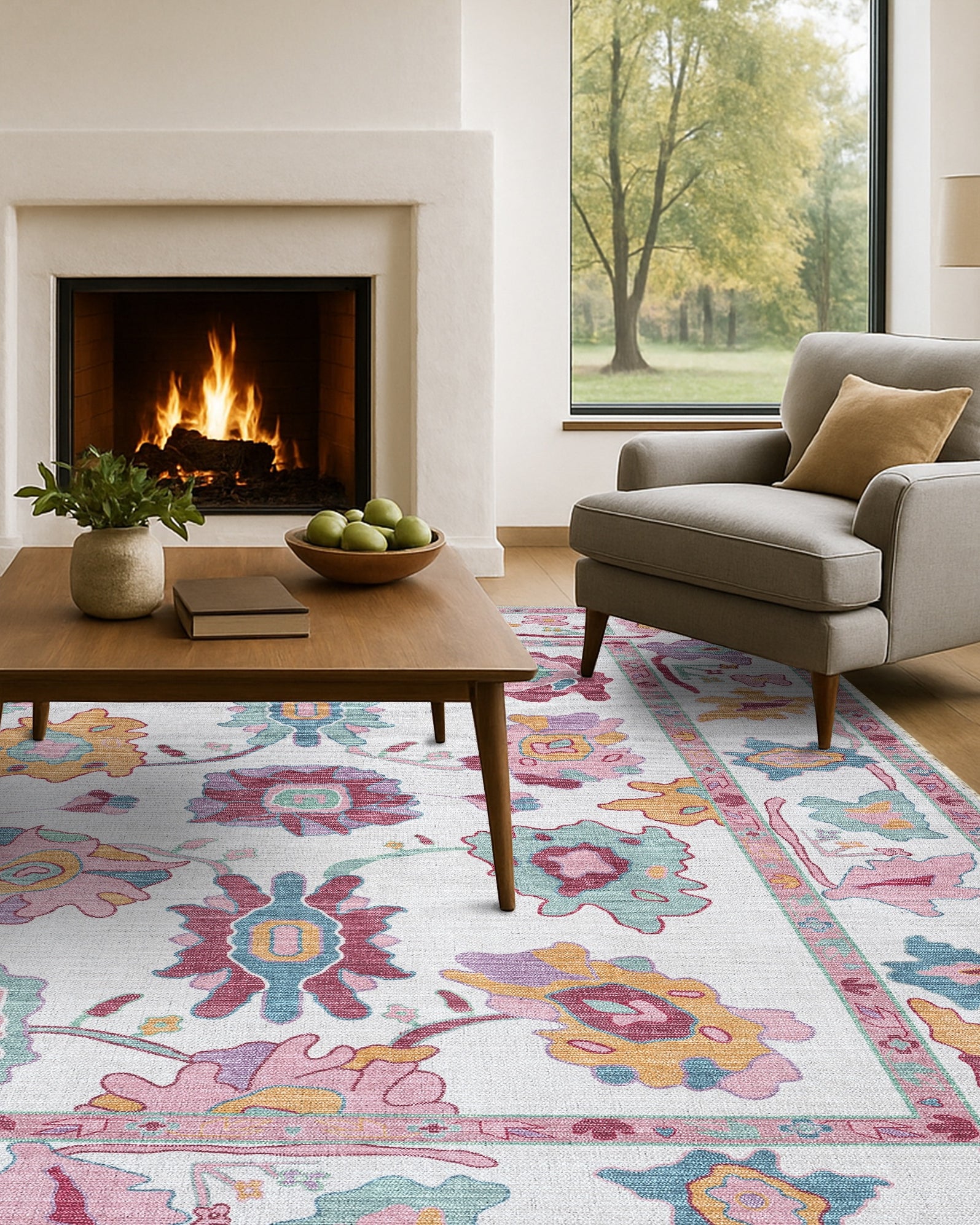 Florine Pastel Pink Orange Floral Oushak Rug