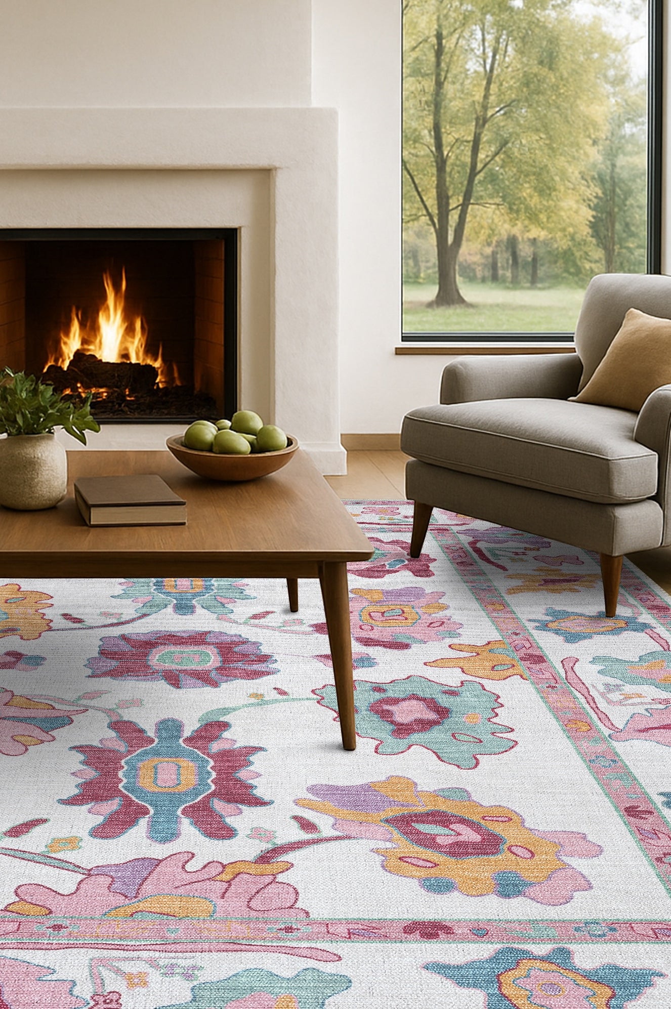 Florine Pastel Pink Orange Floral Oushak Rug