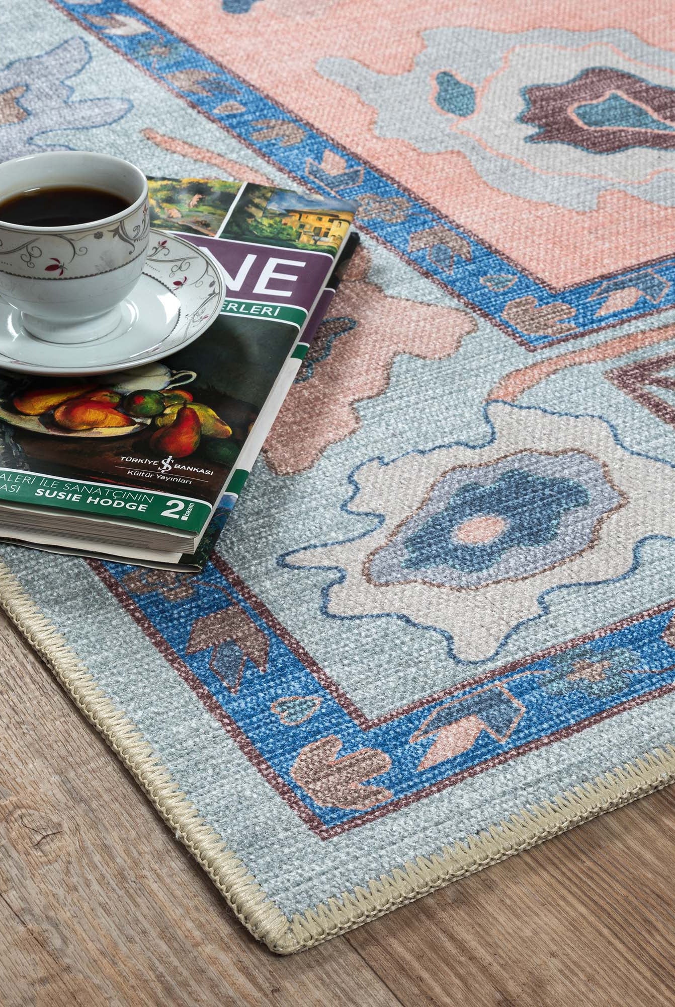 Menna Salmon Orange Blue Modern Oushak Rug