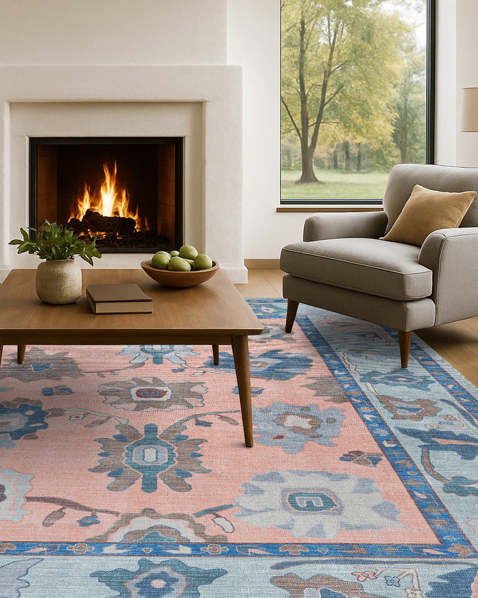 Menna Salmon Orange Blue Modern Oushak Rug