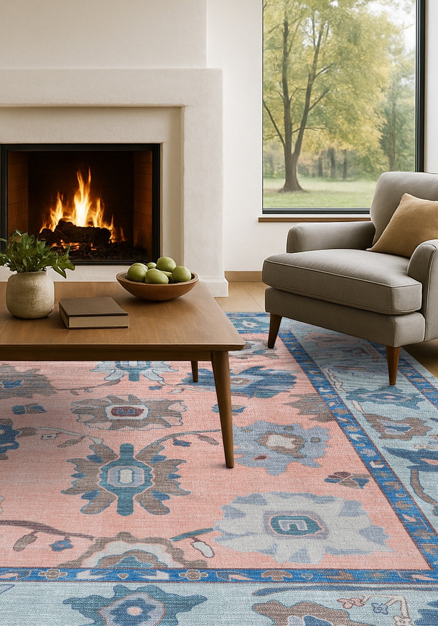 Menna Salmon Orange Blue Modern Oushak Rug