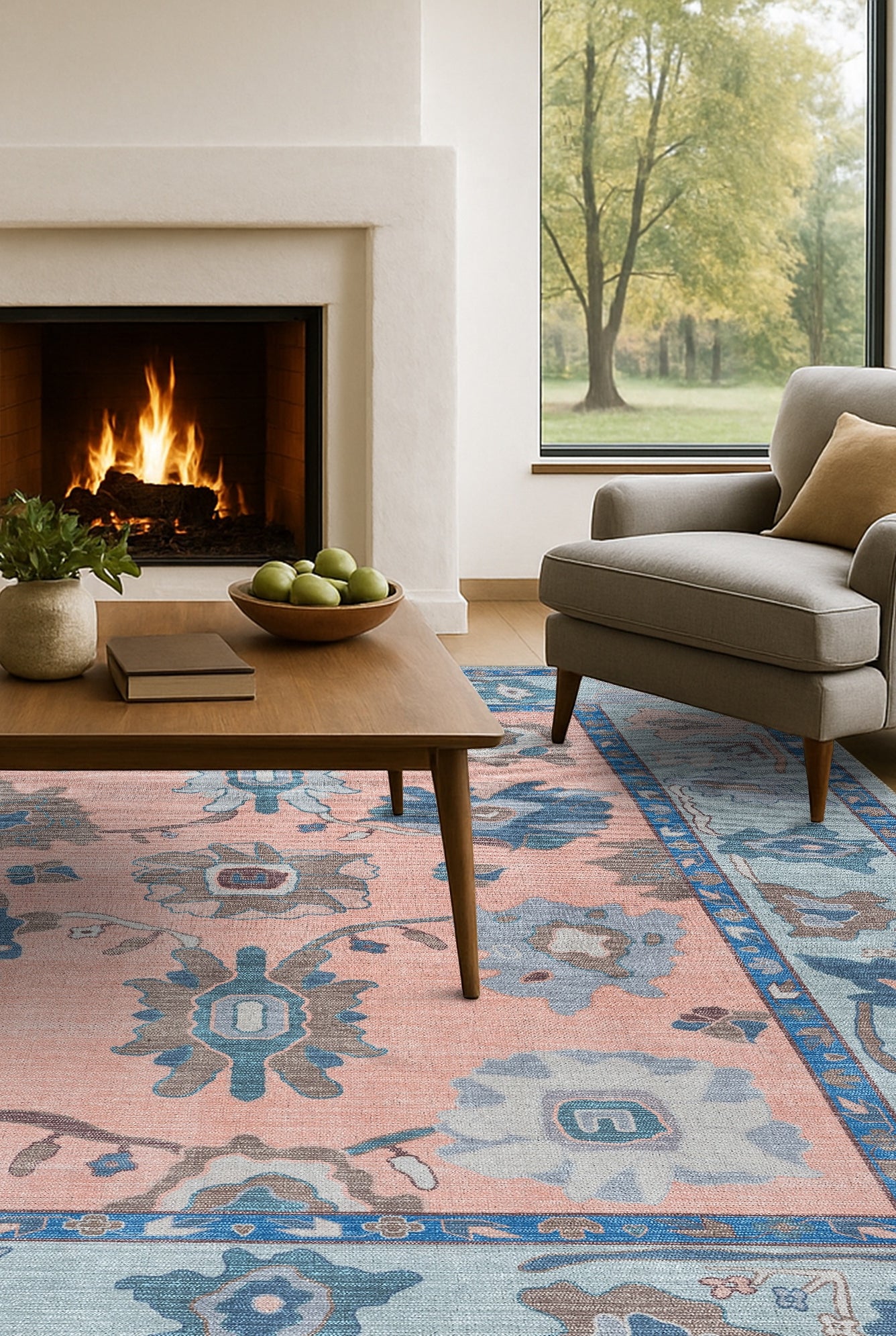 Menna Salmon Orange Blue Modern Oushak Rug