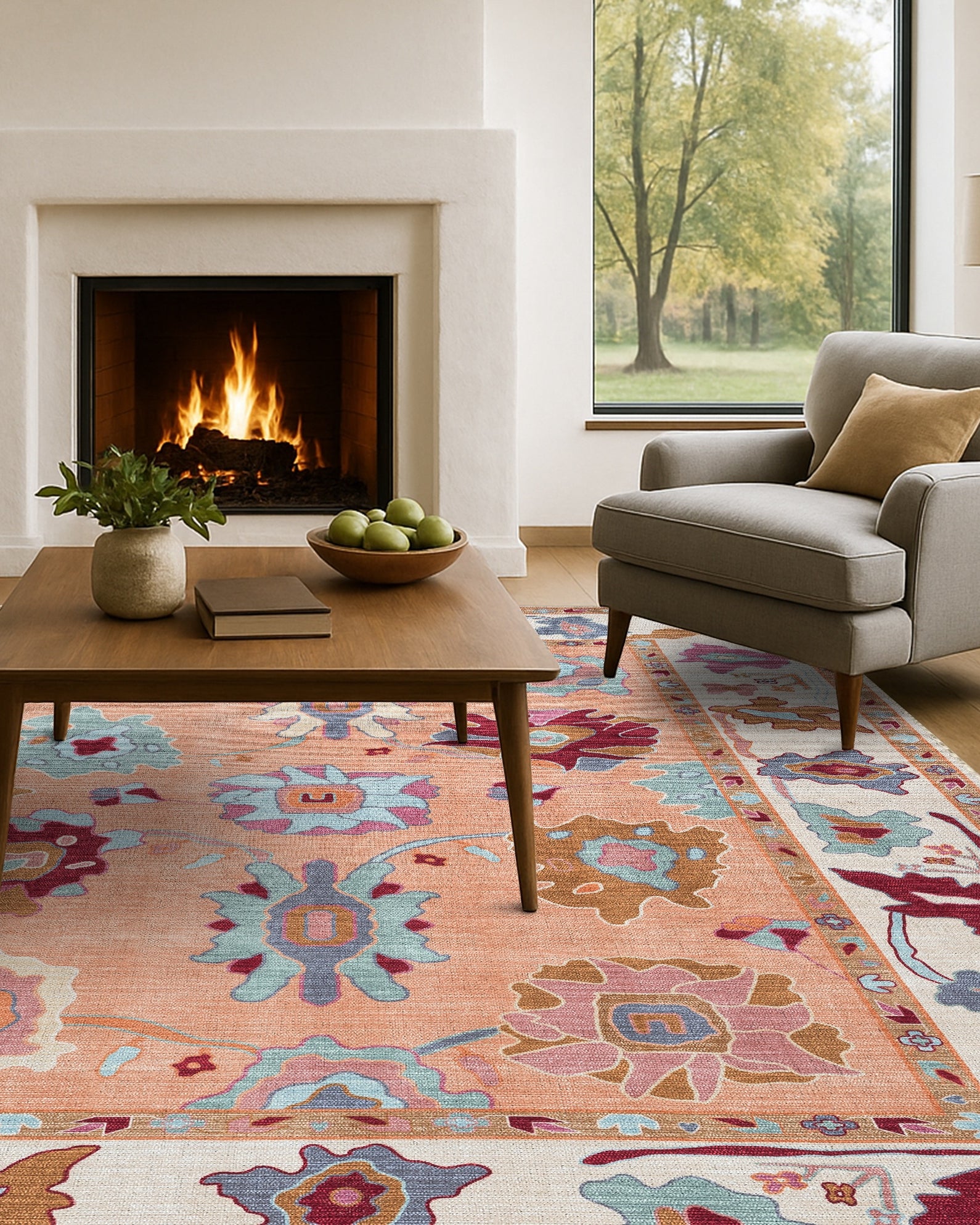 Soren Pastel Orange Floral Modern Oushak Rug