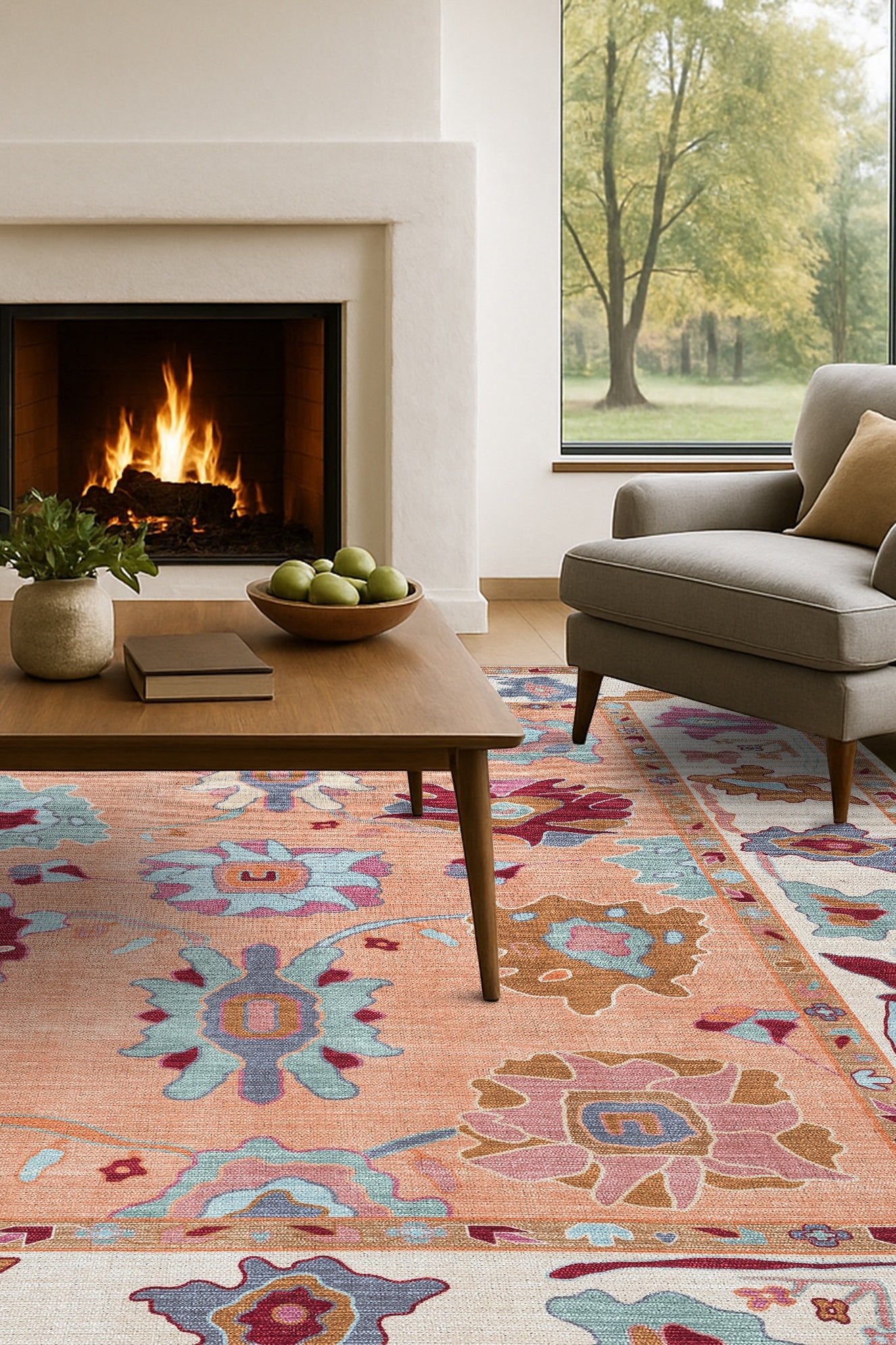 Soren Pastel Orange Floral Modern Oushak Rug