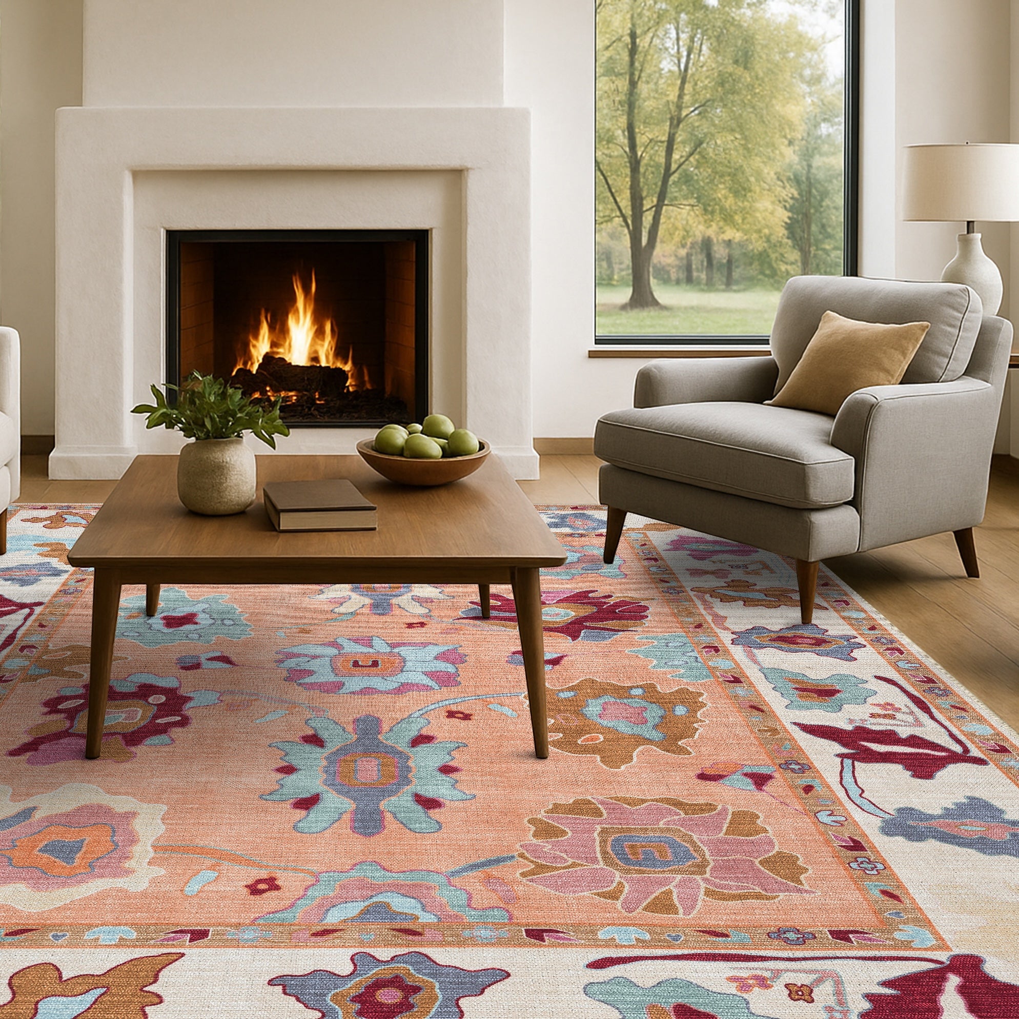 Soren Pastel Orange Floral Modern Oushak Rug