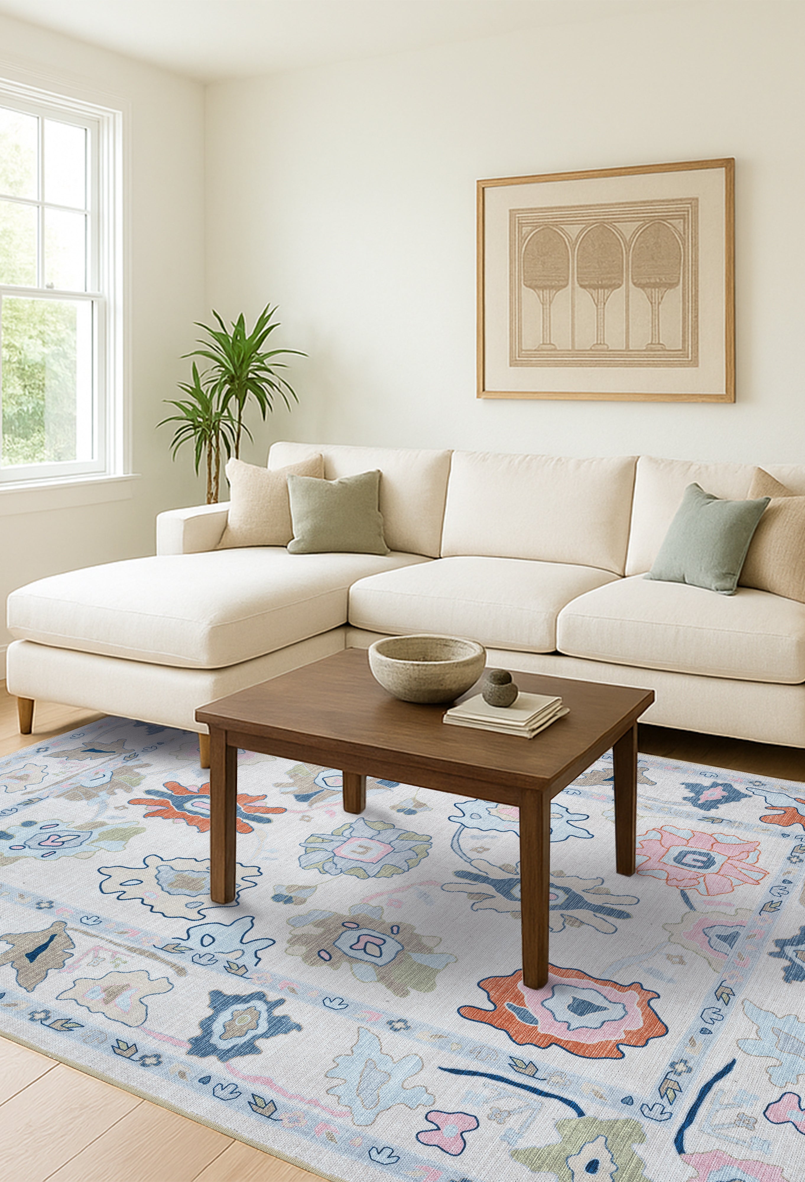 Mary Rose White Pastel Colorful Floral Oushak Rug