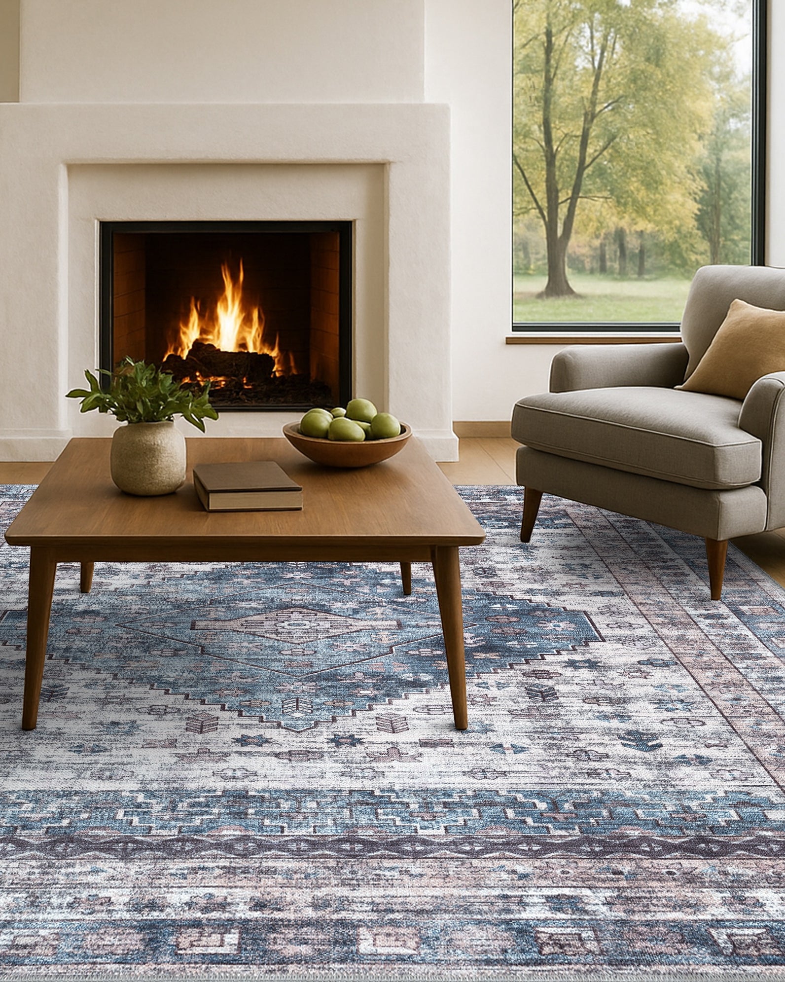 Emerson Navy Cream Modern Distressed Persian Rug