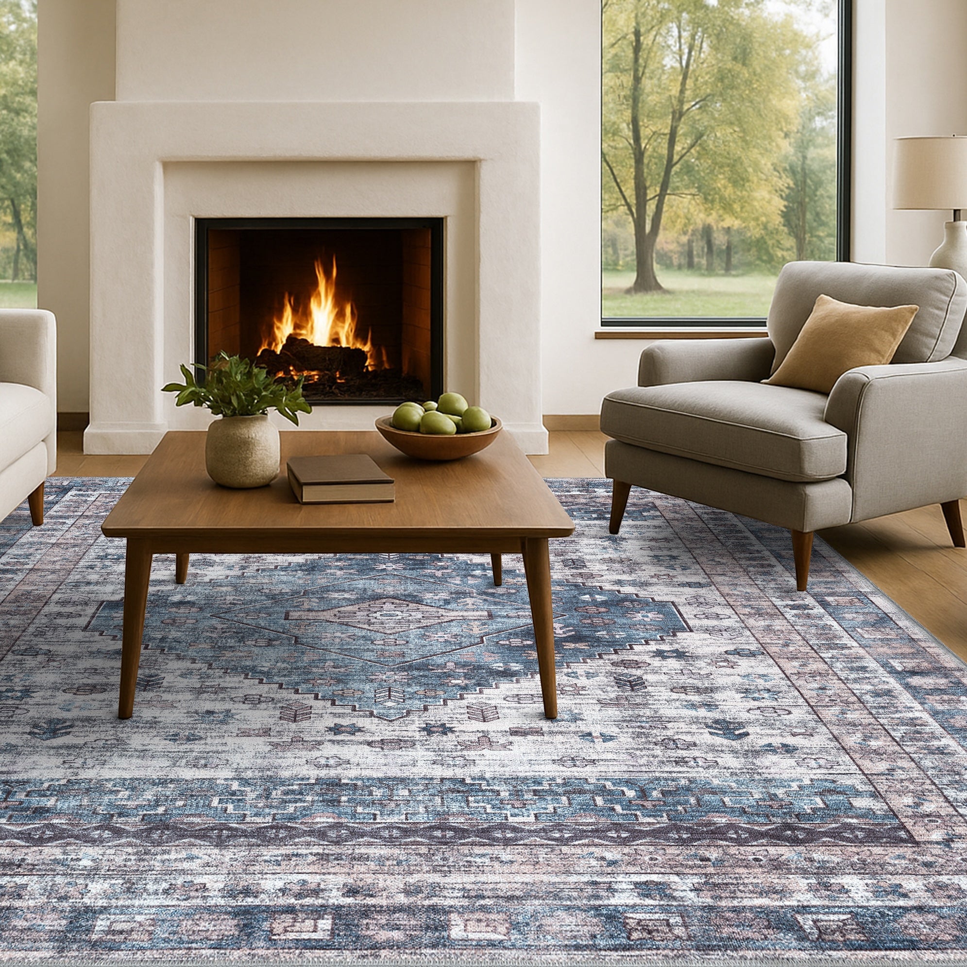 Emerson Navy Cream Modern Distressed Persian Rug