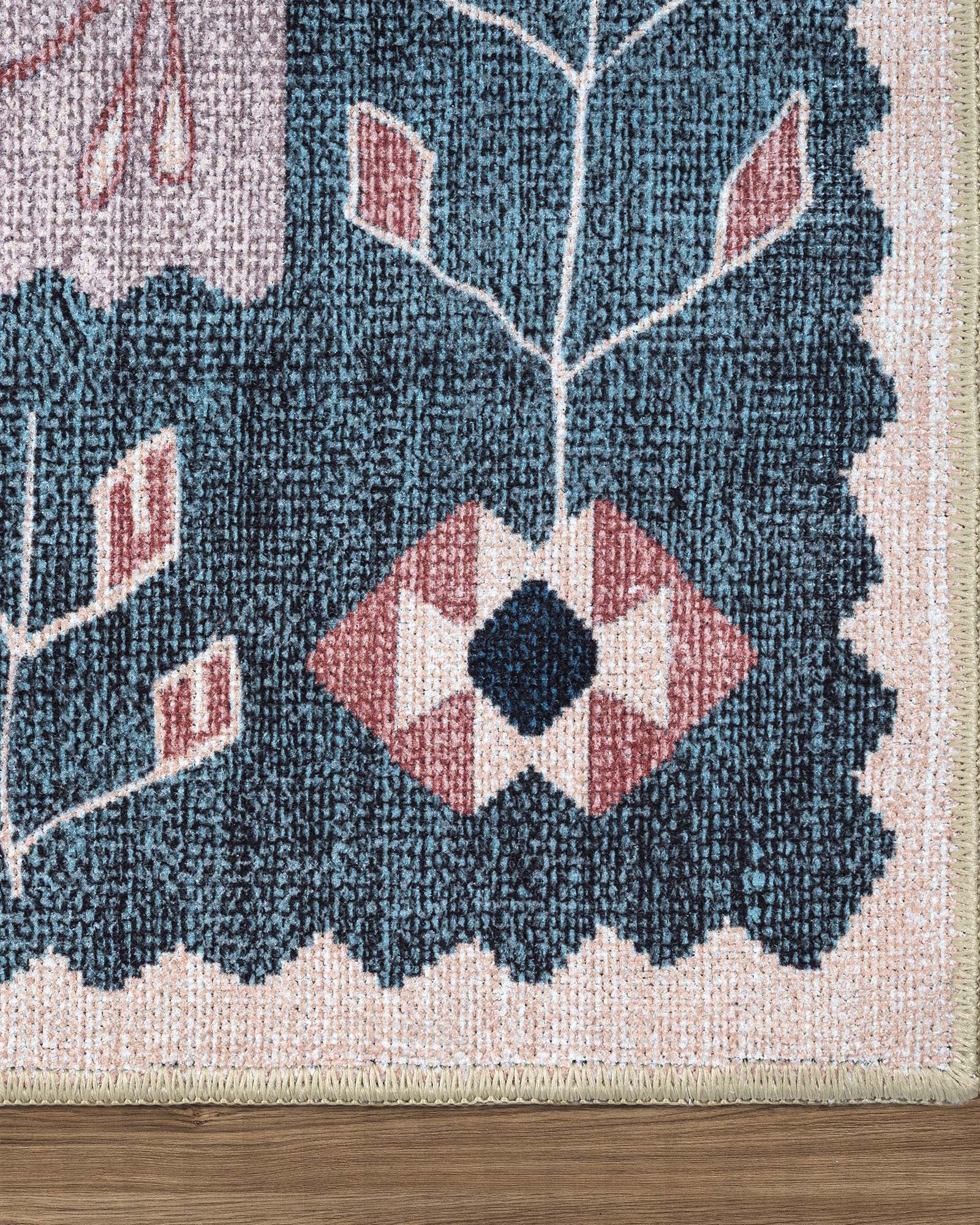Marceline Navy Blue Floral Turkish Kilim Rug