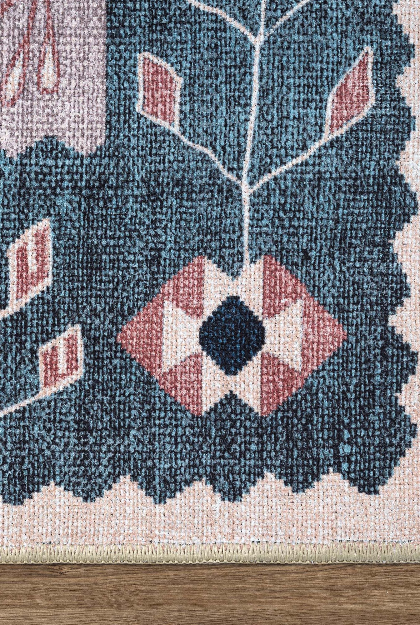 Marceline Navy Blue Floral Turkish Kilim Rug