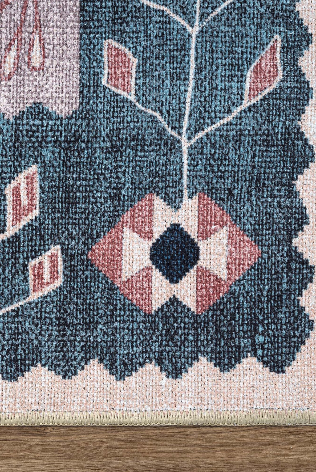 Marceline Navy Blue Floral Turkish Kilim Rug