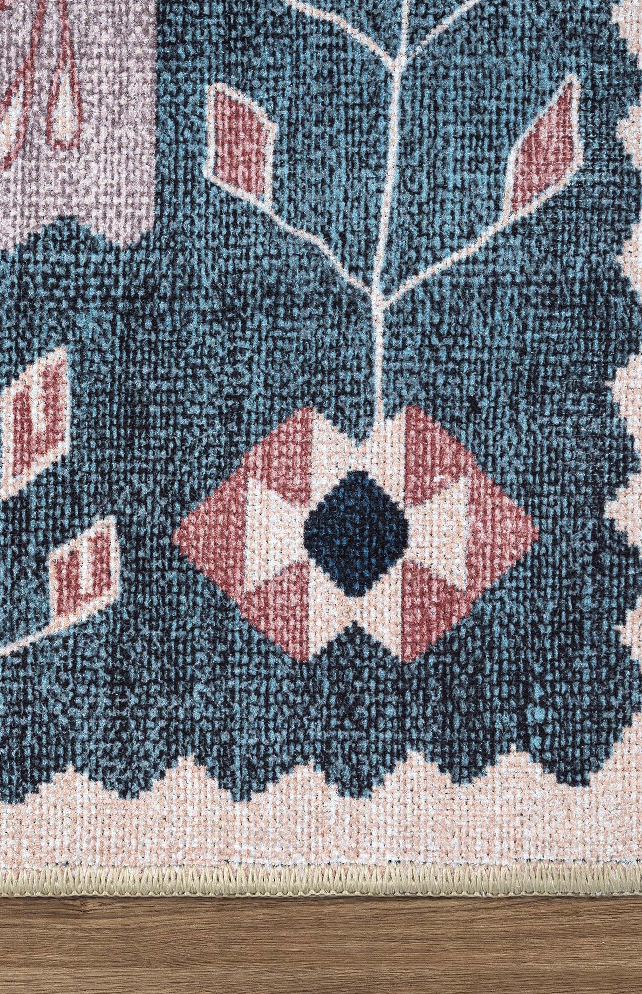 Marceline Navy Blue Floral Turkish Kilim Rug