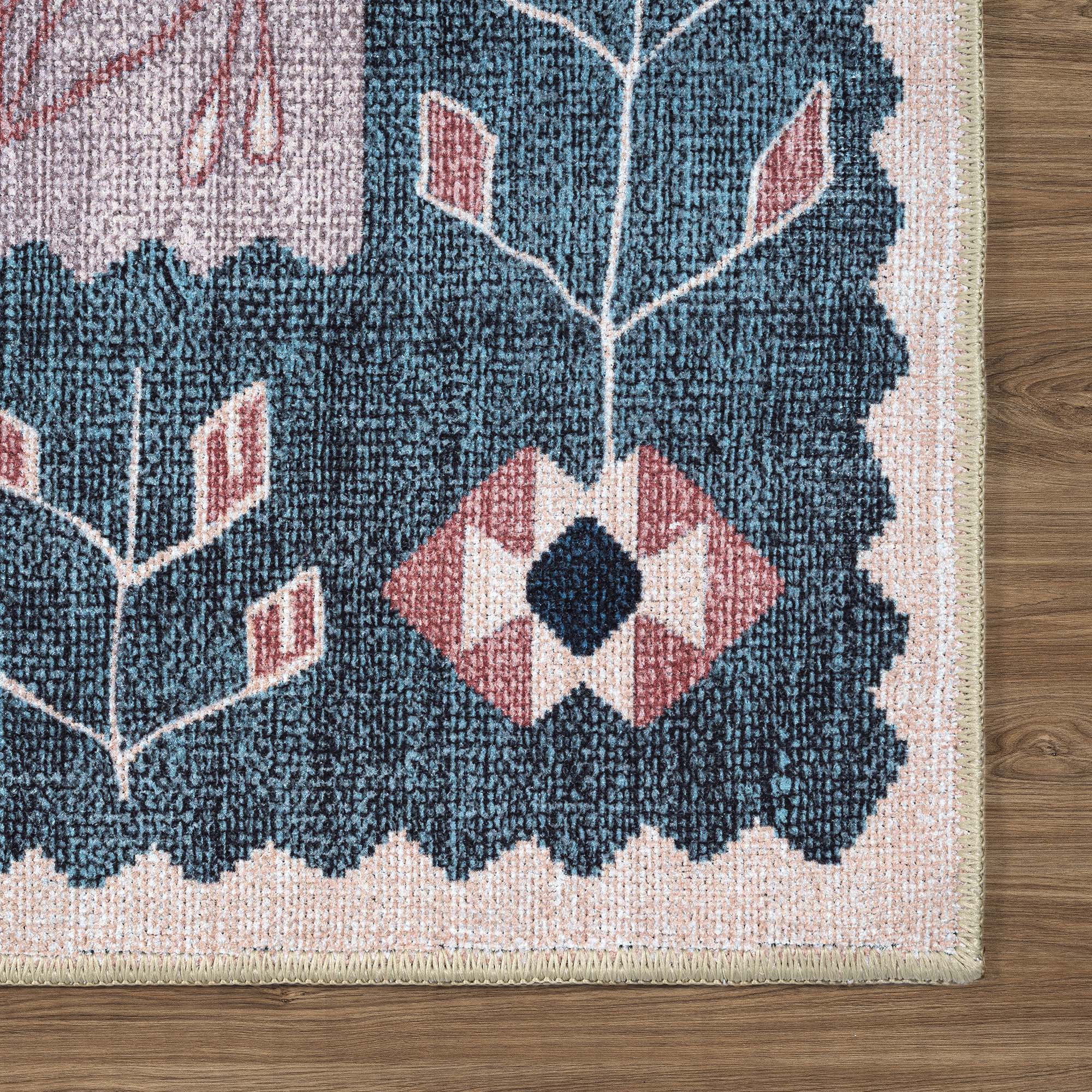 Marceline Navy Blue Floral Turkish Kilim Rug