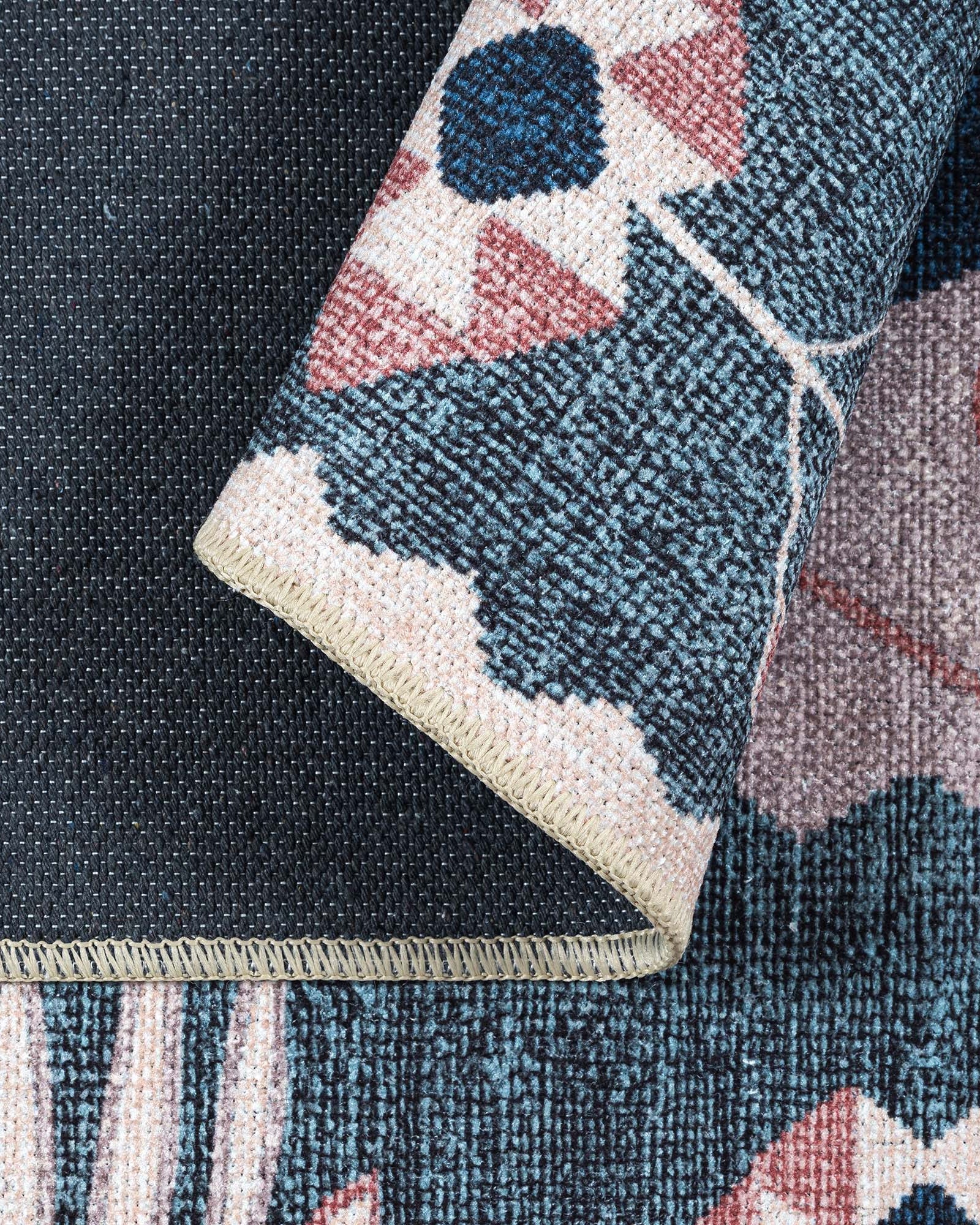 Marceline Navy Blue Floral Turkish Kilim Rug