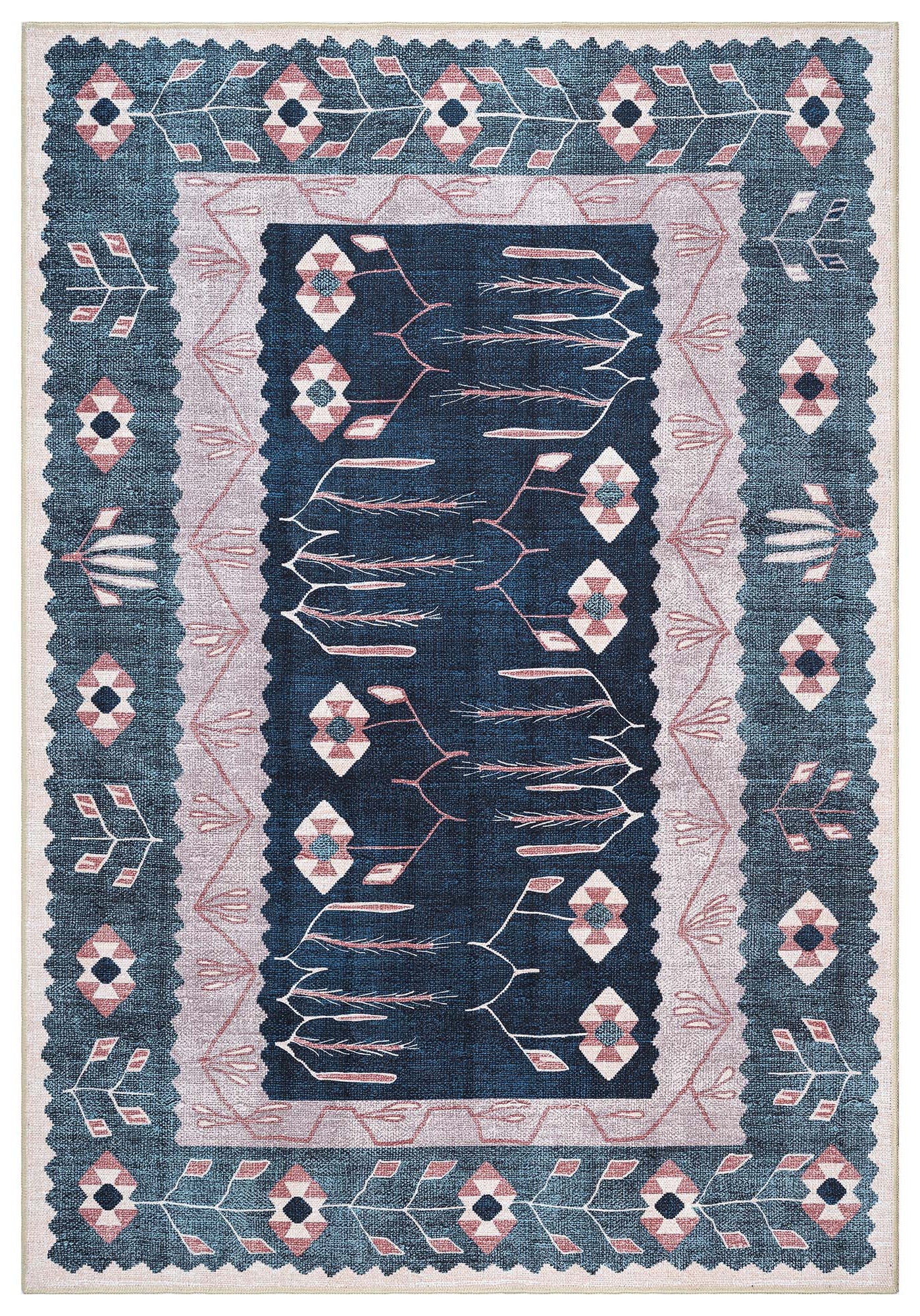 Marceline Navy Blue Floral Turkish Kilim Rug