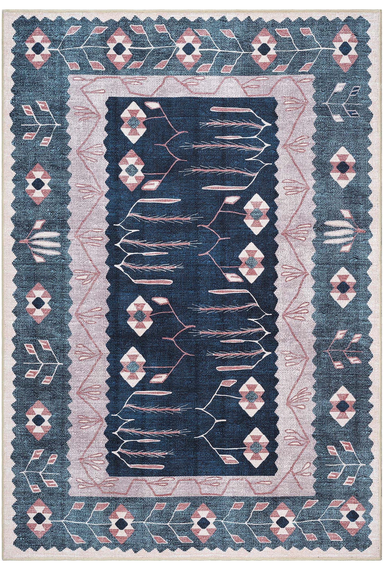 Marceline Navy Blue Floral Turkish Kilim Rug