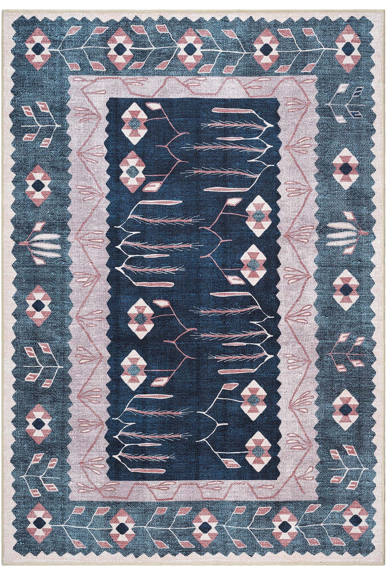 Marceline Navy Blue Floral Turkish Kilim Rug