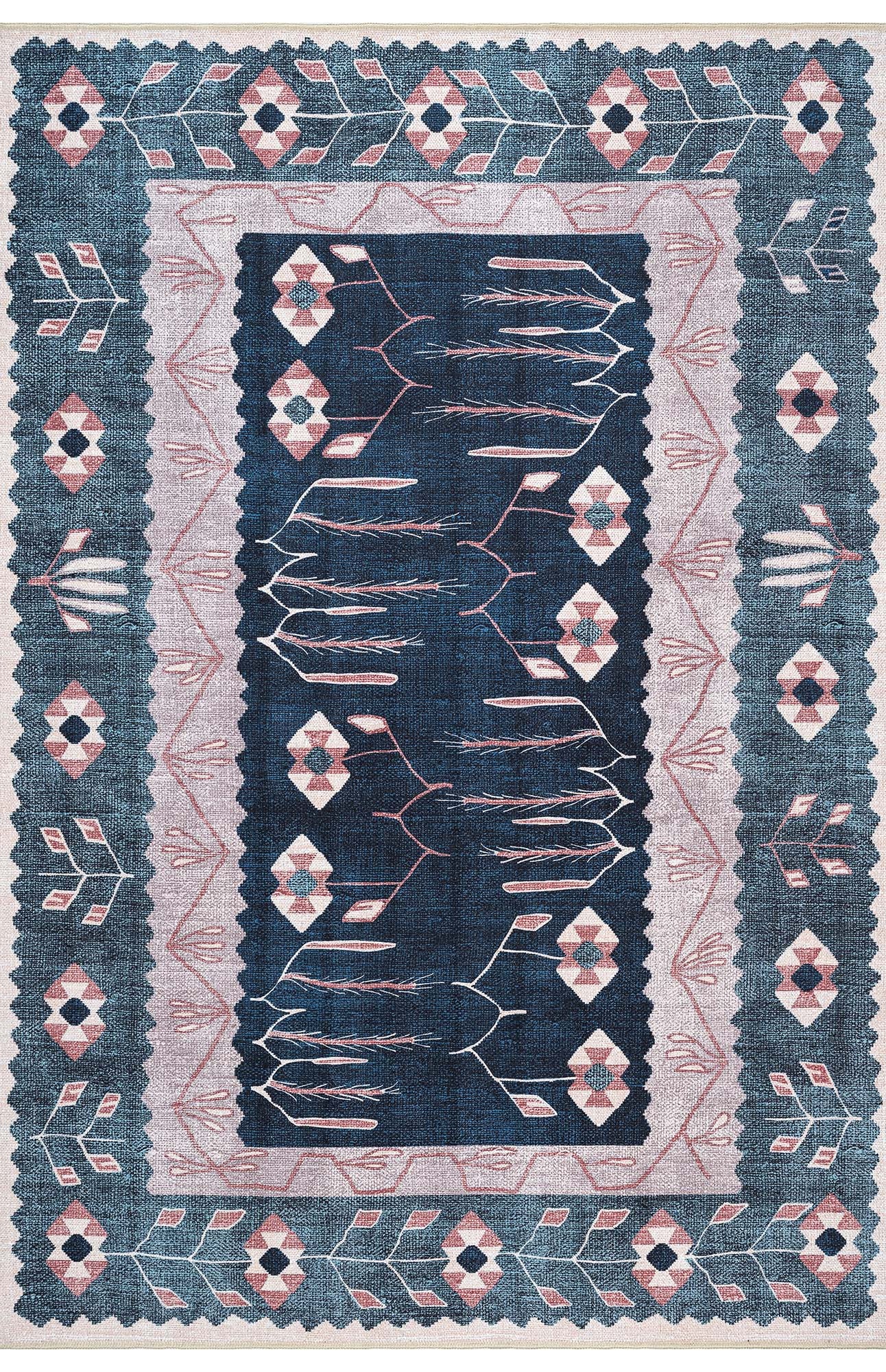 Marceline Navy Blue Floral Turkish Kilim Rug